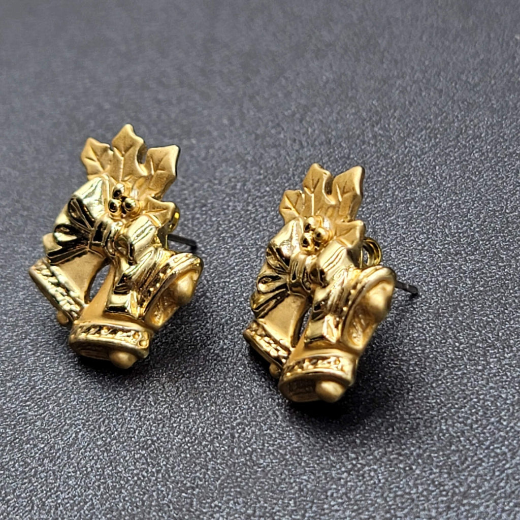 Christmas Bells Pierced Earrings Gold tone Holly Drop 7/8"