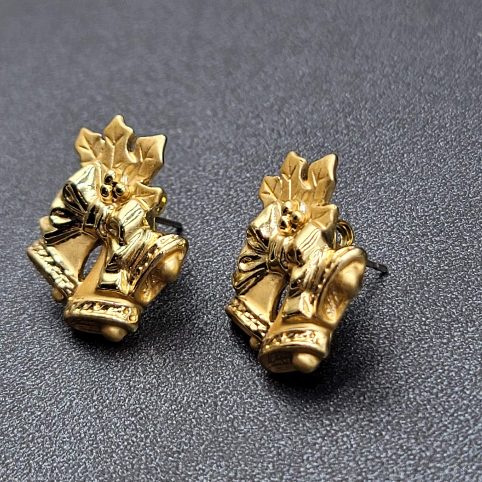 Christmas Bells Pierced Earrings Gold tone Holly Drop 7/8"