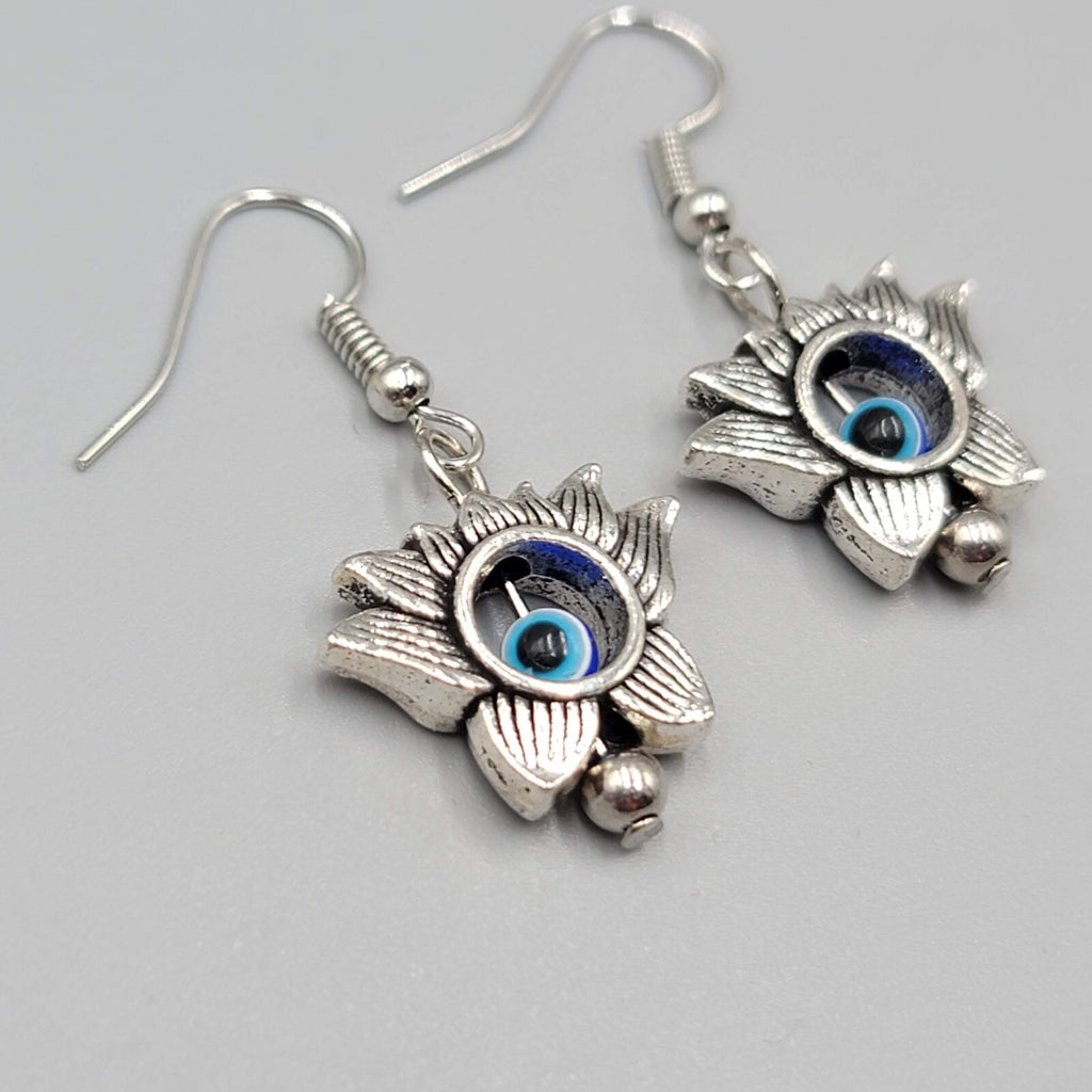 Lotus Flower Evil Eye Pierced Earrings Silver tone Blue Bead Dangle 3/4"