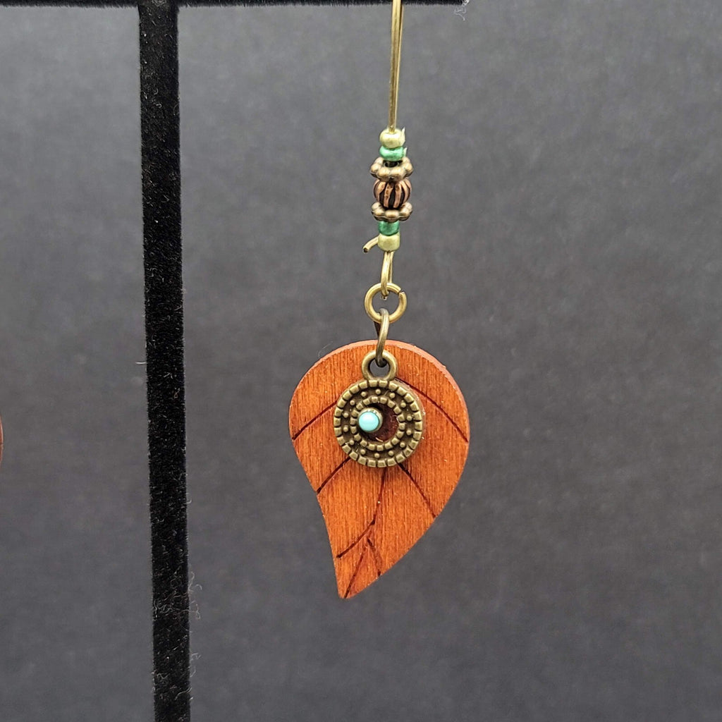 New Boho Pierced Earrings Gold tone Wood Leaf Beaded Dangle 2.75"