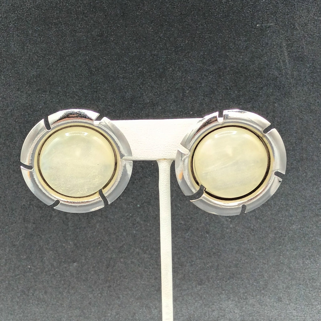 Vintage Sarah Cov Clip on Earrings Silver Tone Lucite Center Large Round 1.5"