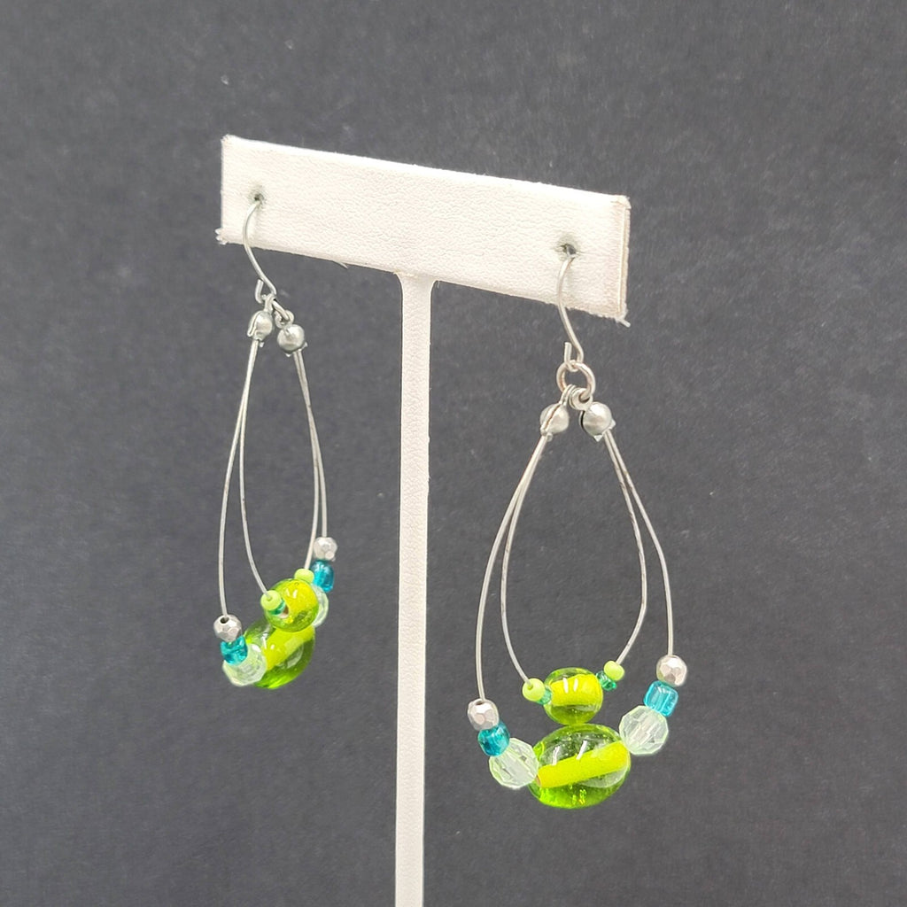 Pierced Earrings Silver tone Green Blue Glass Beads Statement Hoops 2 1/8"