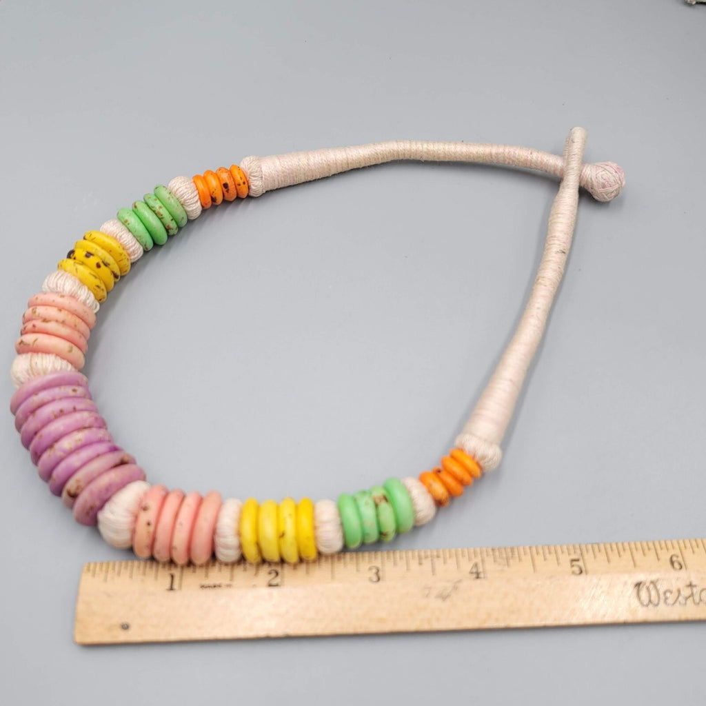 Ashanti Krobo Handmade Beads Necklace African Pastel Colors Thread Wrap 17"