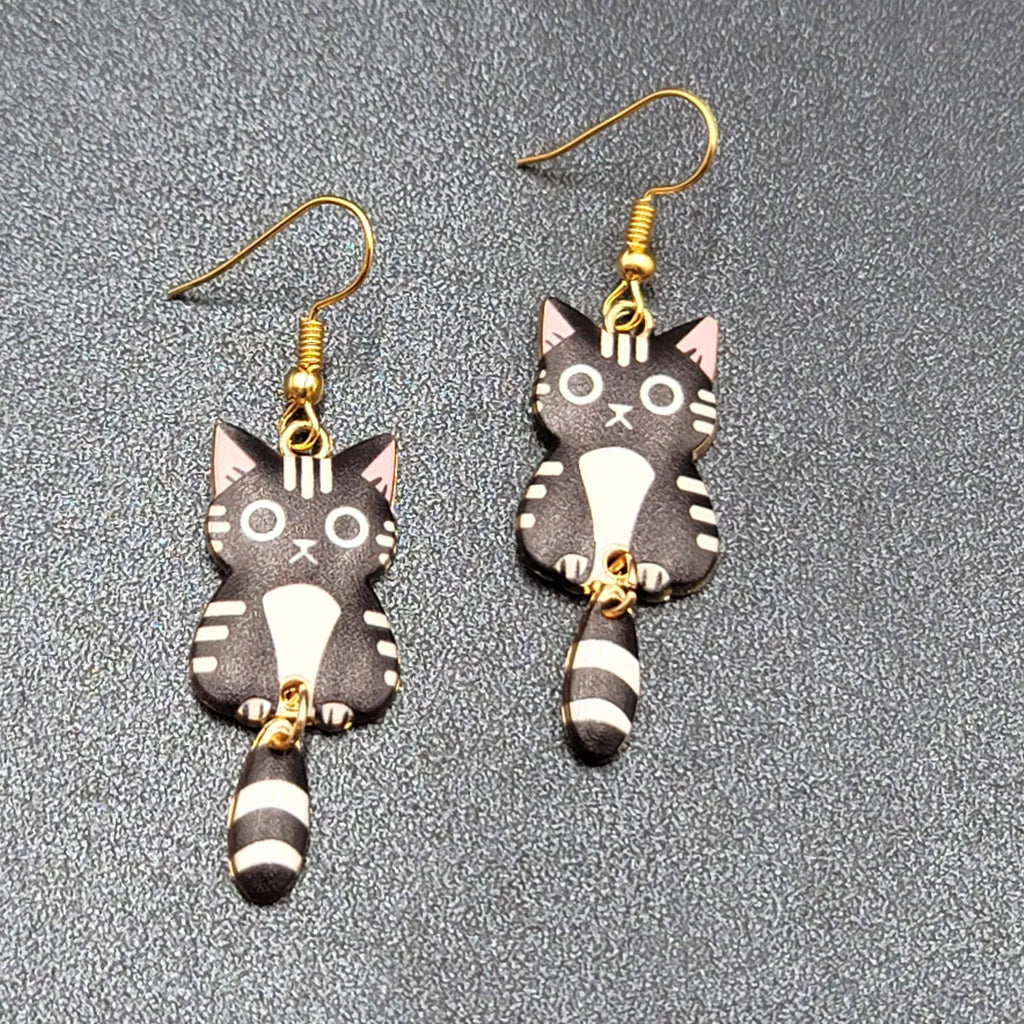 Black Tabby Kitty Cat Pierced Earrings Gold tone Dangle Tail 1.5"