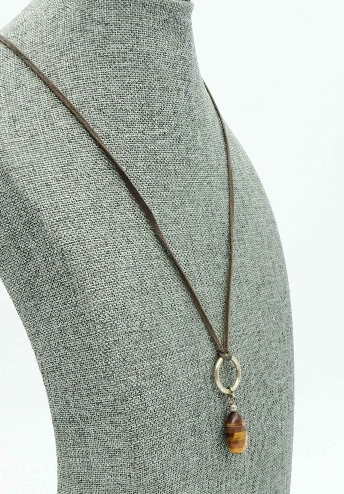 Signed NYGARD Tigers Eye Stone Pendant Necklace Suede Leather Cord 18" - 20"