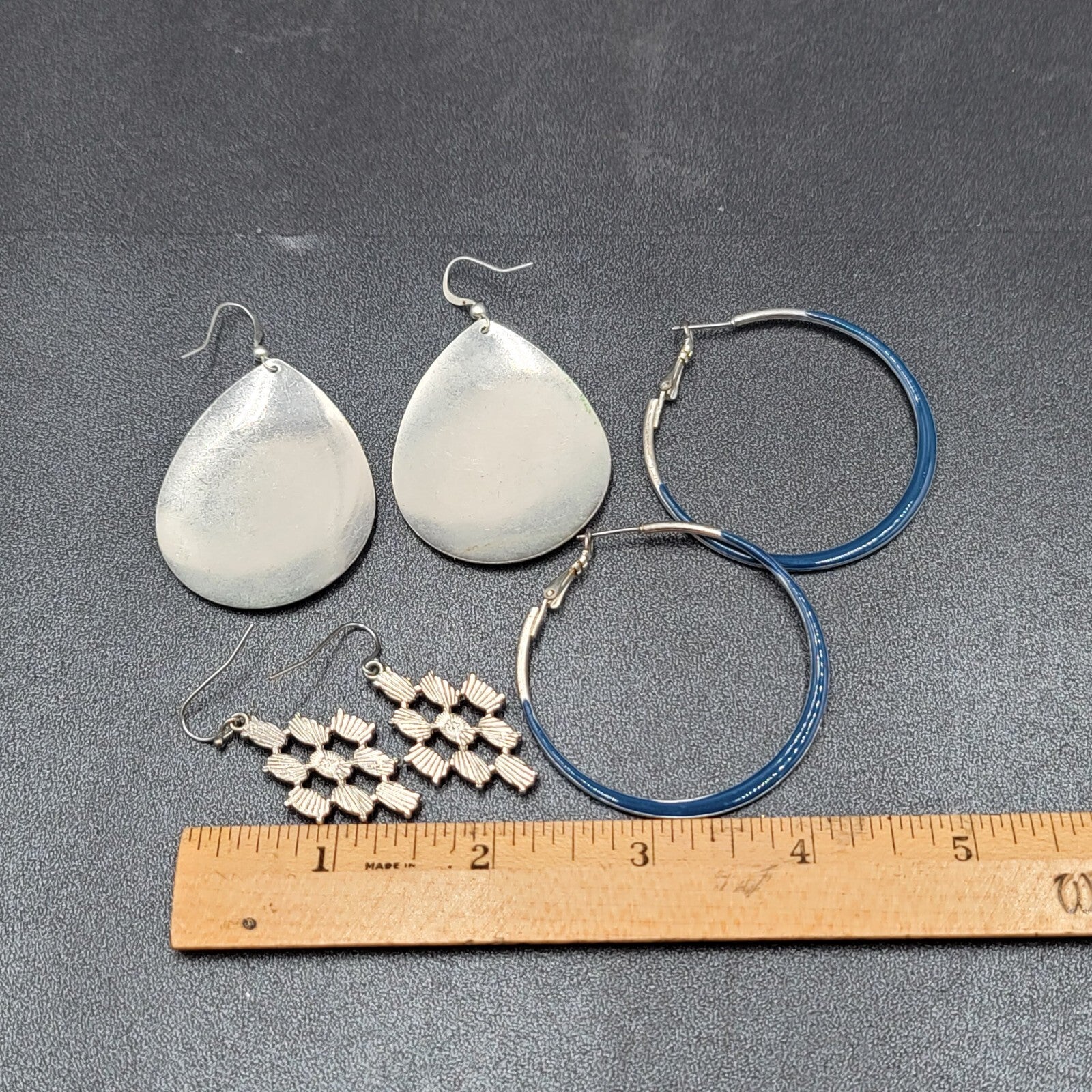 Lot of 3 Pierced Earrings Silver tone Blue Hoops Dangle