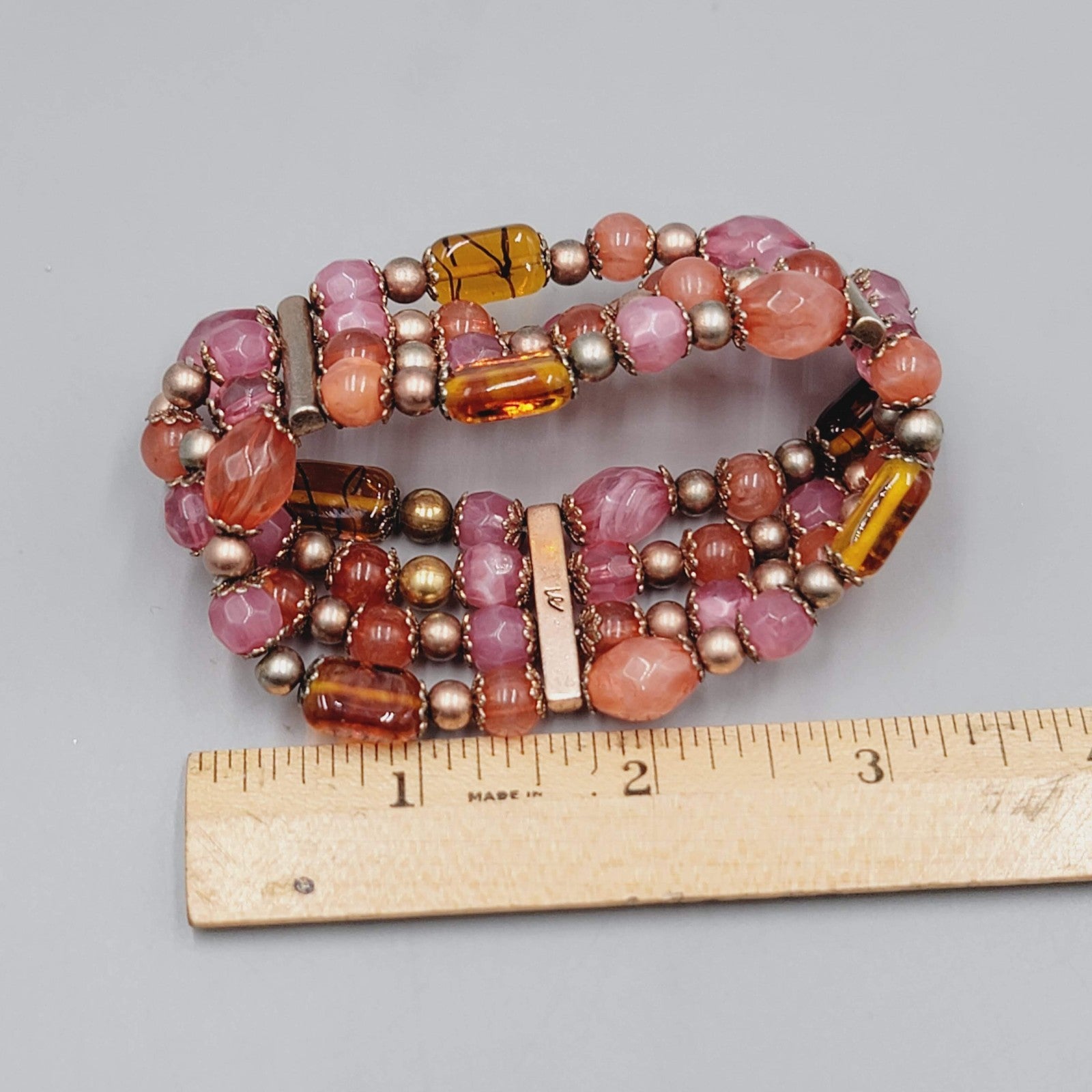 Liz Claiborne Glass Bead Bracelet Pink Orange Elastic Triple Strand 7"