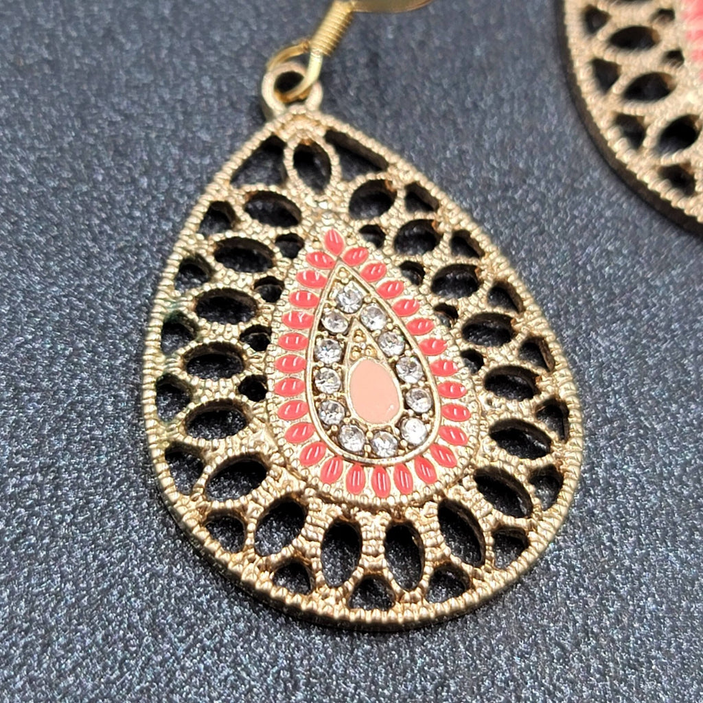 Pierced Earrings Gold tone Teardrop Rhinestone Enamel Dangle 1.25"