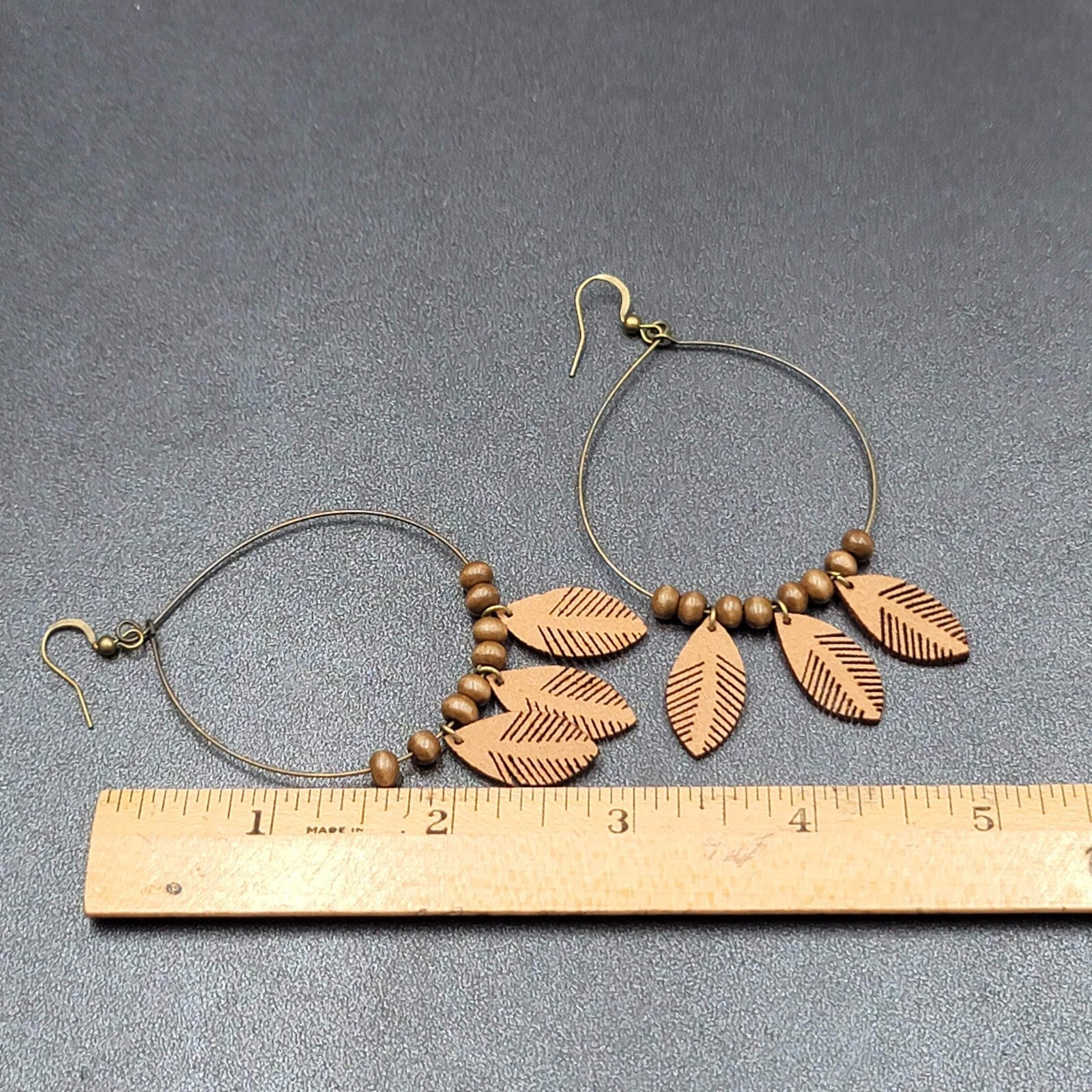 New Boho Pierced Earrings Bronze tone Faux Leather Leaves Wood Bead Hoops 3.25"