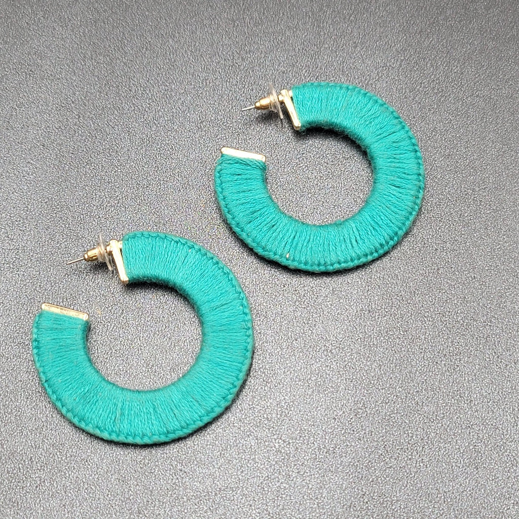 Pierced Earrings Gold tone Turquoise Blue Thread Wrapped Hoops 2 1/8"