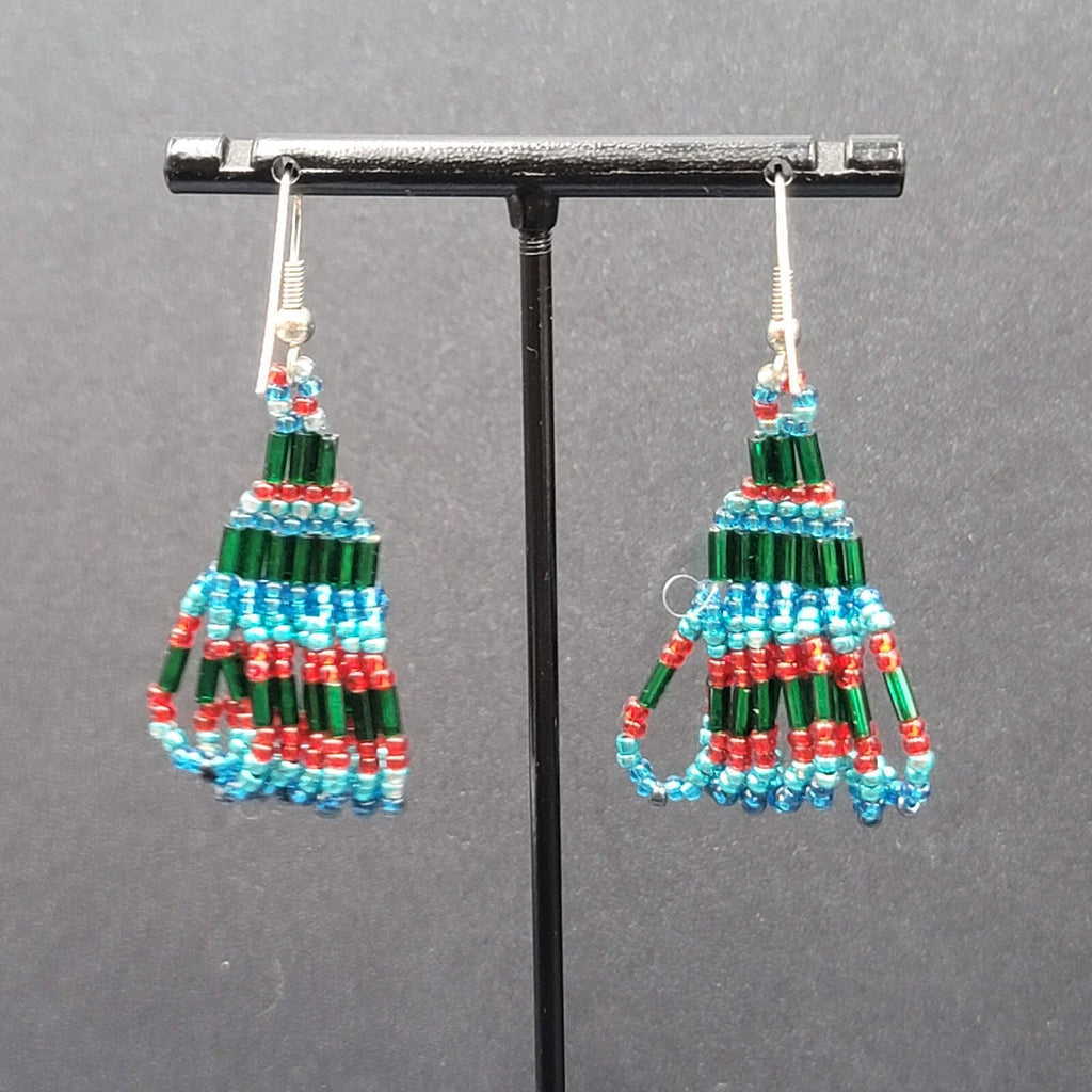 Vintage Pierced Earrings Silver tone Blues Purple Seed bead Dangle 1.5"