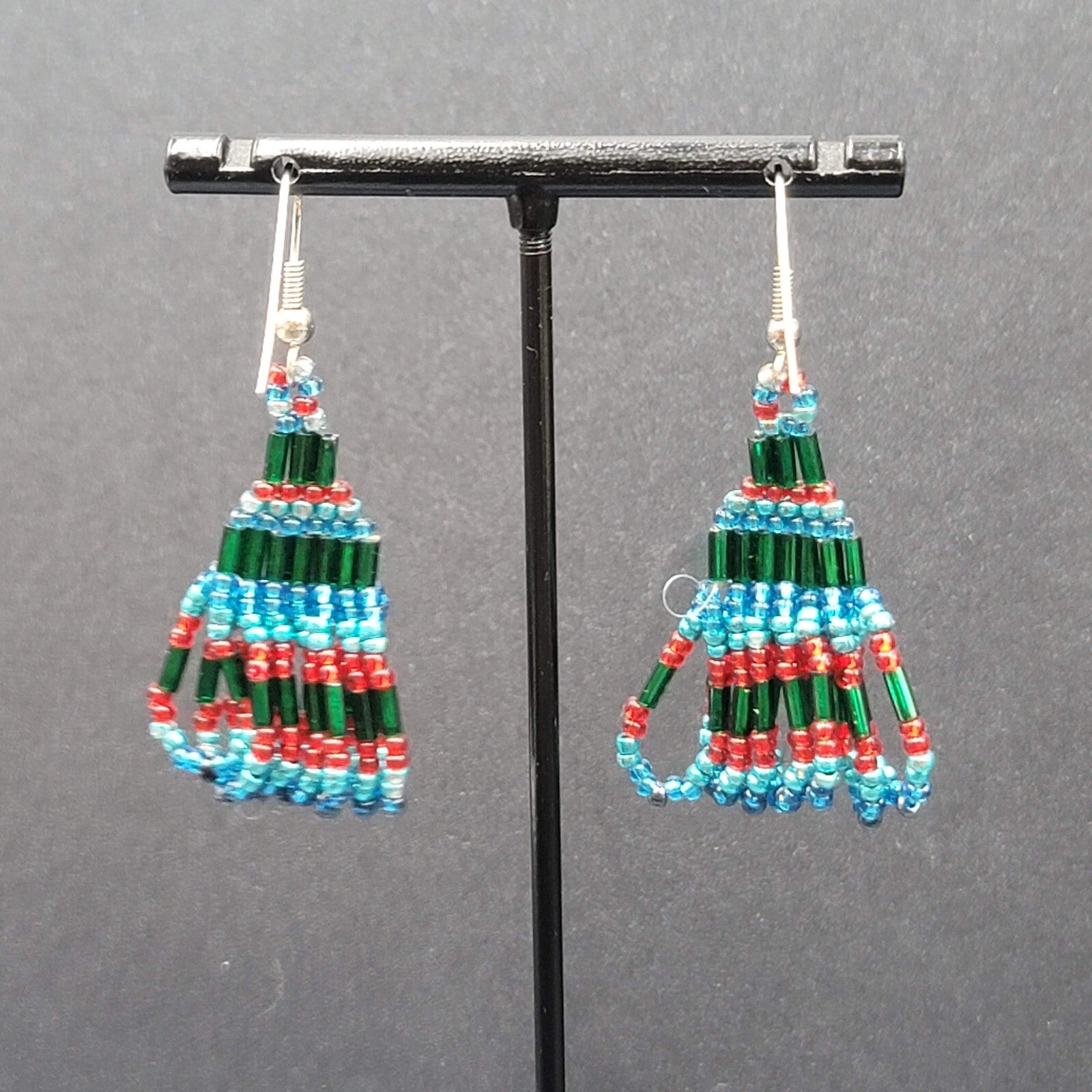 Vintage Pierced Earrings Silver tone Blues Purple Seed bead Dangle 1.5"