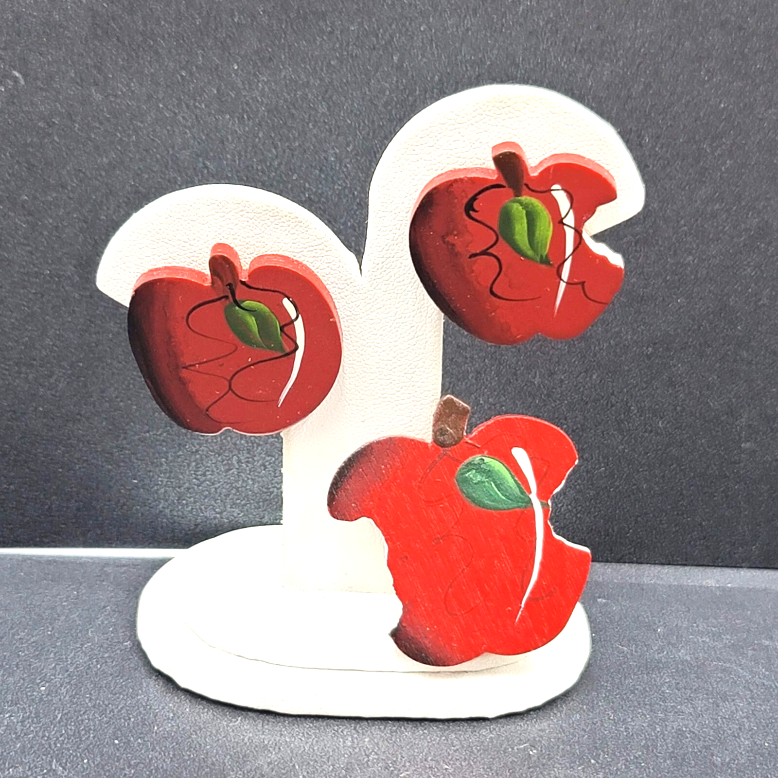 Vintage Brooch Pierced Earrings Set Wood Hand Painted Apple Teacher Gift