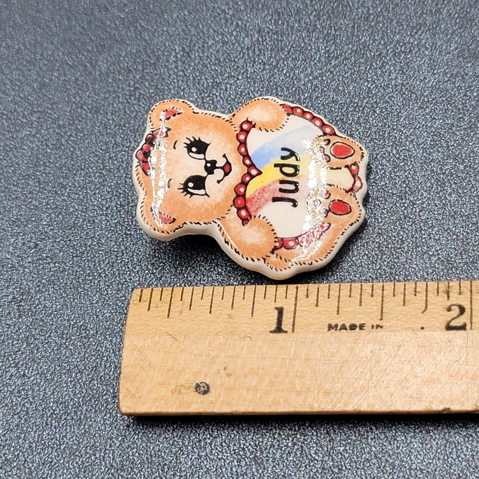 Vintage Bear Heart Ceramic JUDY Name Pin 1 3/8"