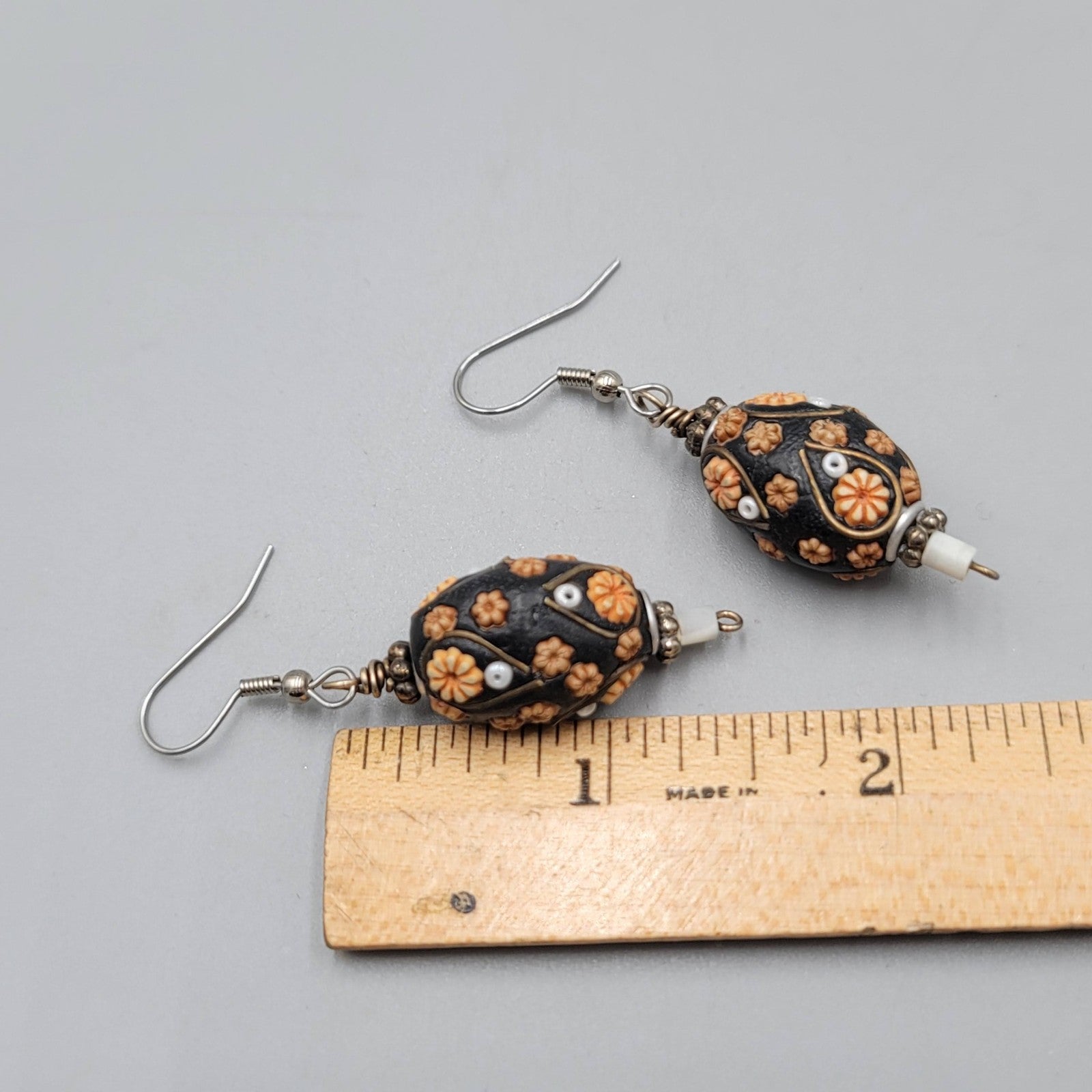 Handmade Floral Bead Pierced Earrings Boho Statement Dangle Silver tone 1.5"