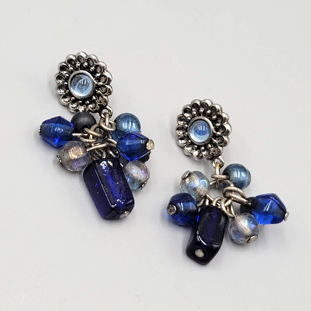 Oops a Daisy Pierced Earrings Blue Glass Beads Silver tone 1.5 in