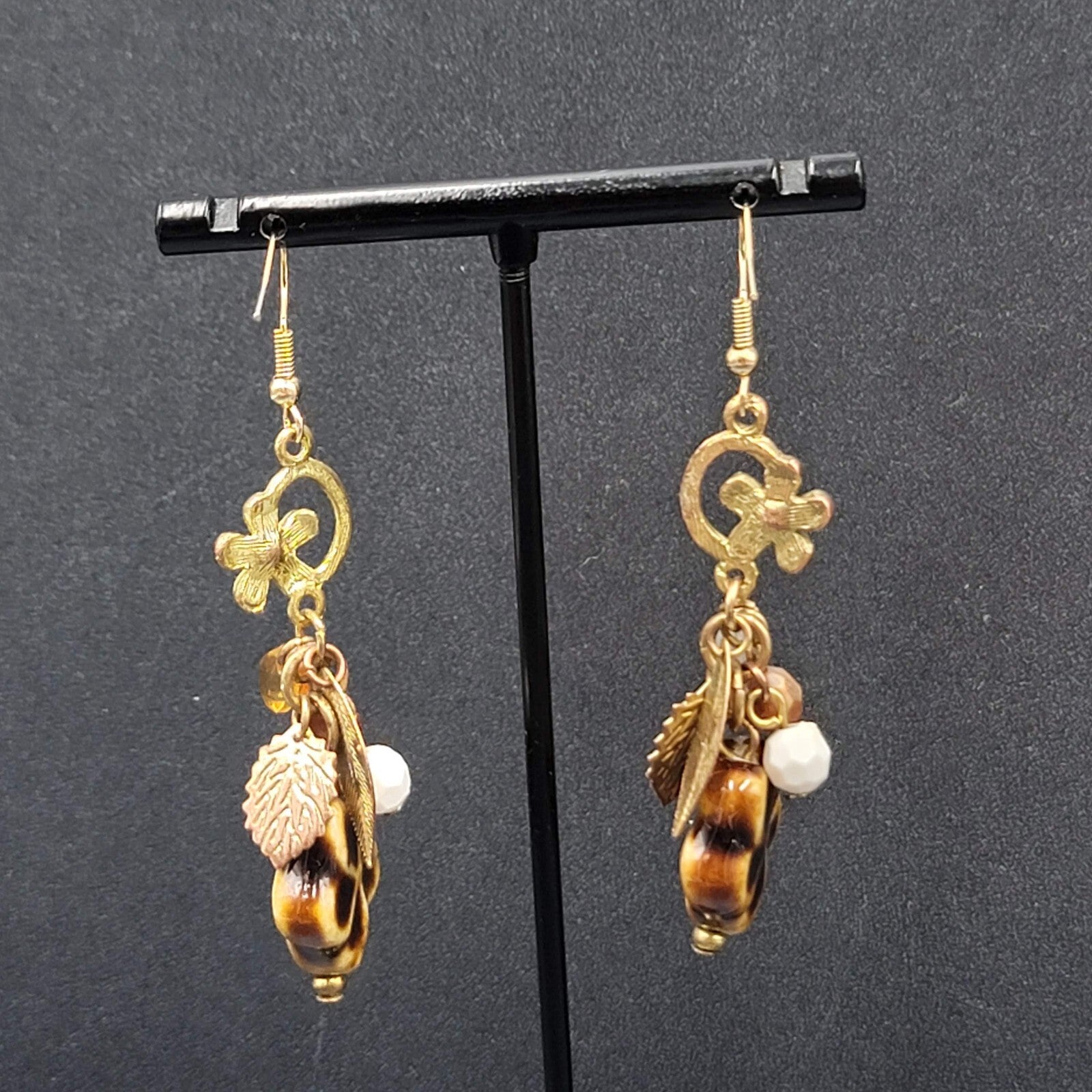 Pierced Earrings Gold tone Pottery Flower Bead Dangle Leaves 2"