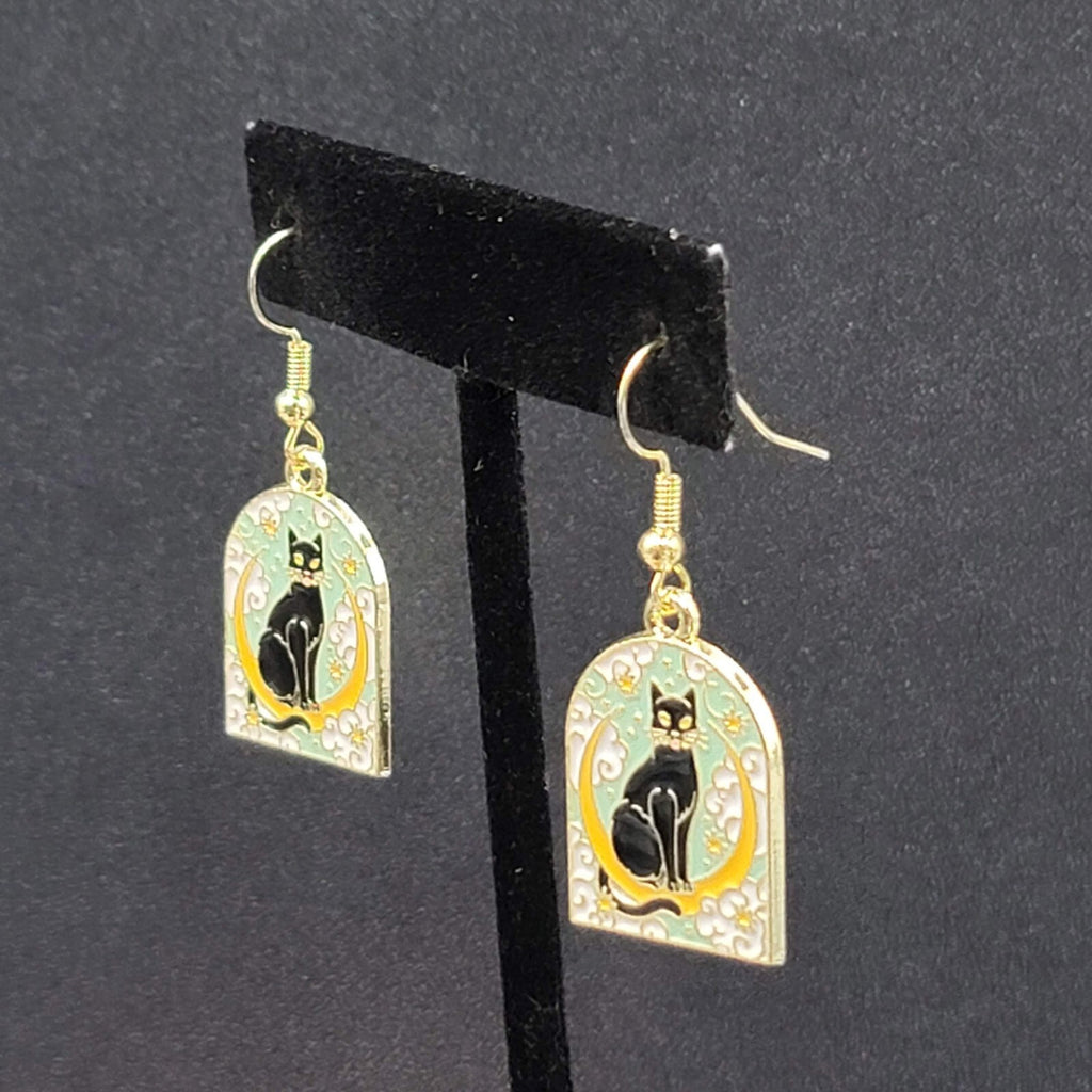 Pierced Earrings Gold tone Enamel Black Cat Crescent Moon Dangle 1"