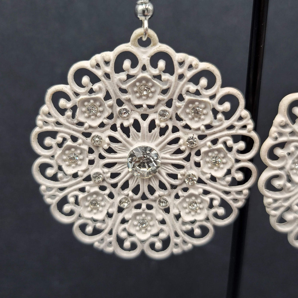Pierced Earrings White Enamel Rhinestone Medallion Open Work 1.75"