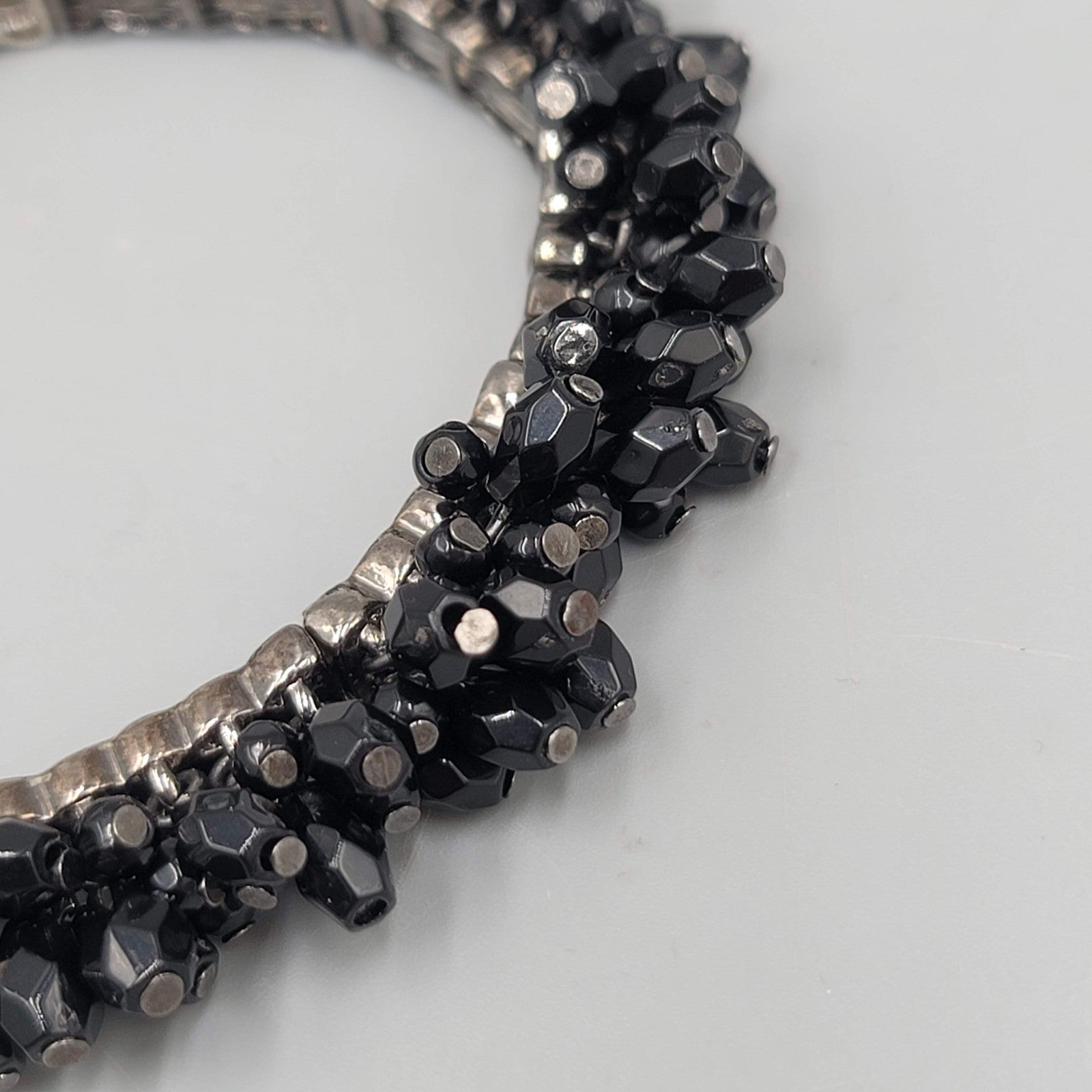 Black Glass Cluster Dangle Bead Bracelet Silver tone Elastic 6.75"