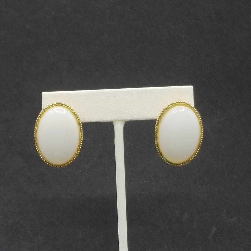Pierced Earrings Gold tone White Glass Cabochon Drop 1 1/8"