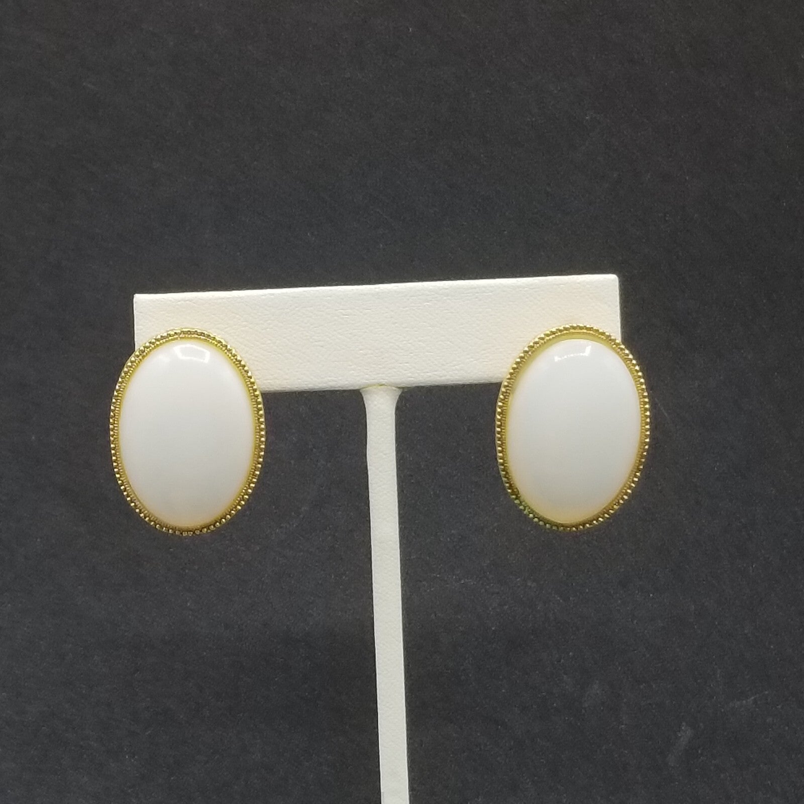 Pierced Earrings Gold tone White Glass Cabochon Drop 1 1/8"