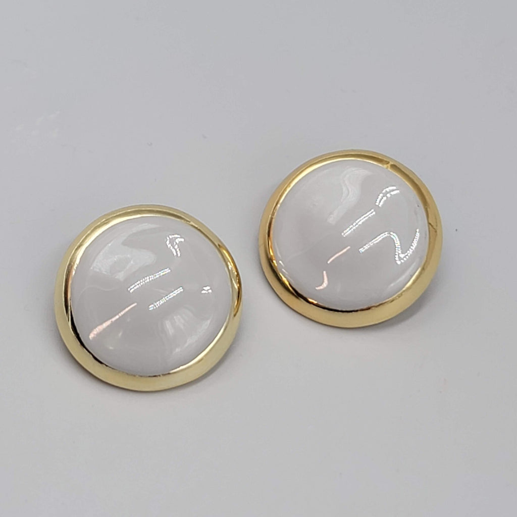 Vintage Pierced Earrings Gold tone Gray Enamel Round Statement Drop 1 1/8"