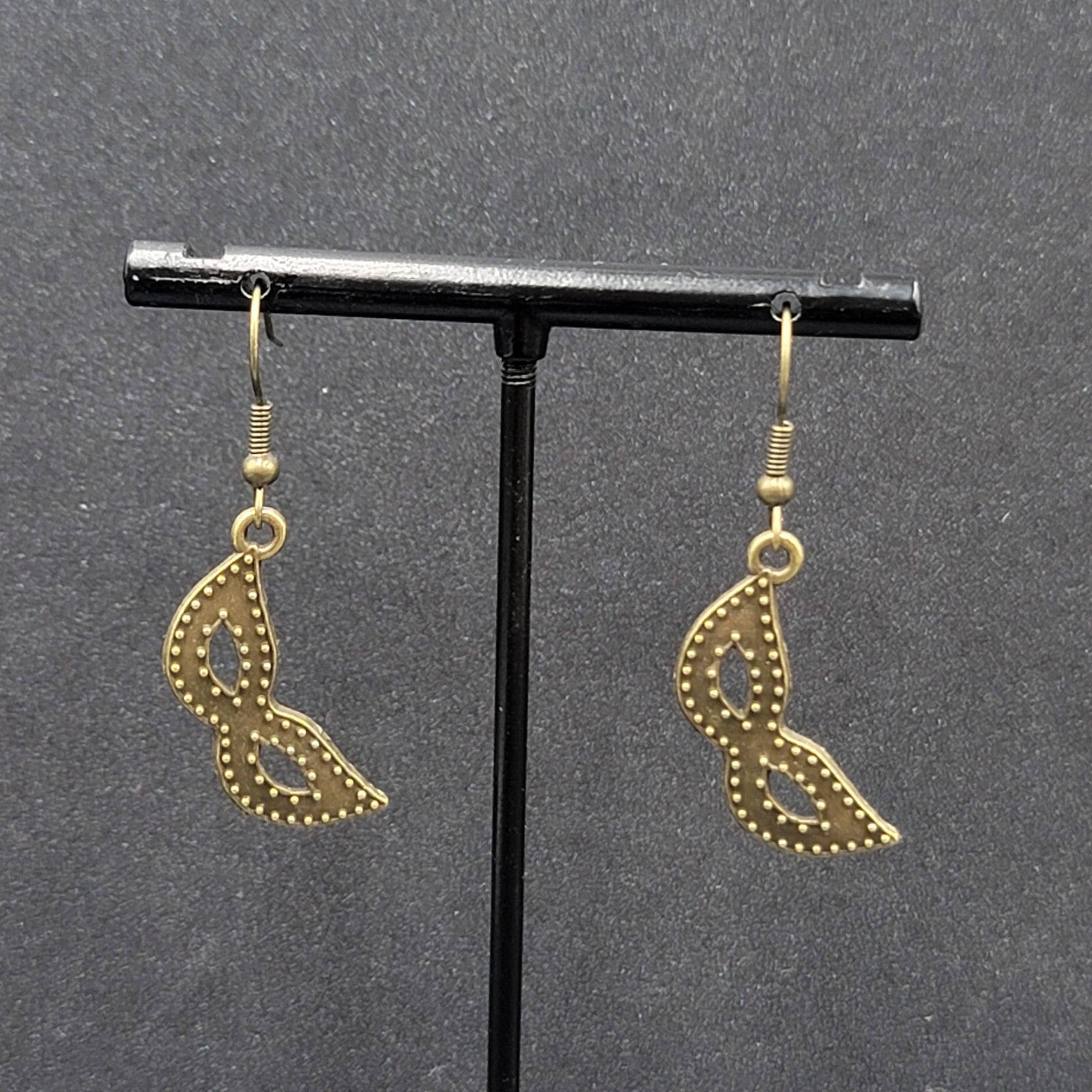 Masquerade Mask Pierced Earrings Bronze tone Metal Embossed Dots Dangle  1"