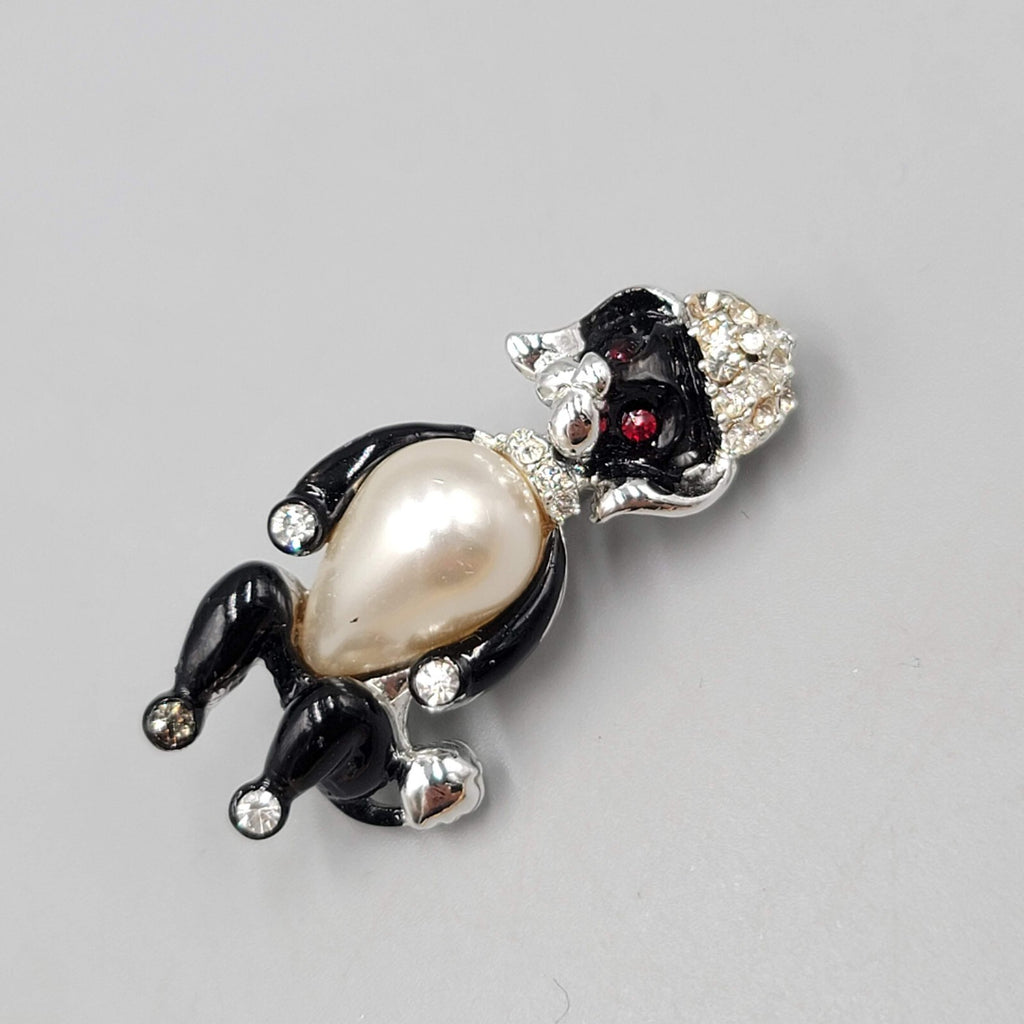 Vintage Poodle Dog Brooch Rhinestone Black White Silver tone 1.5"