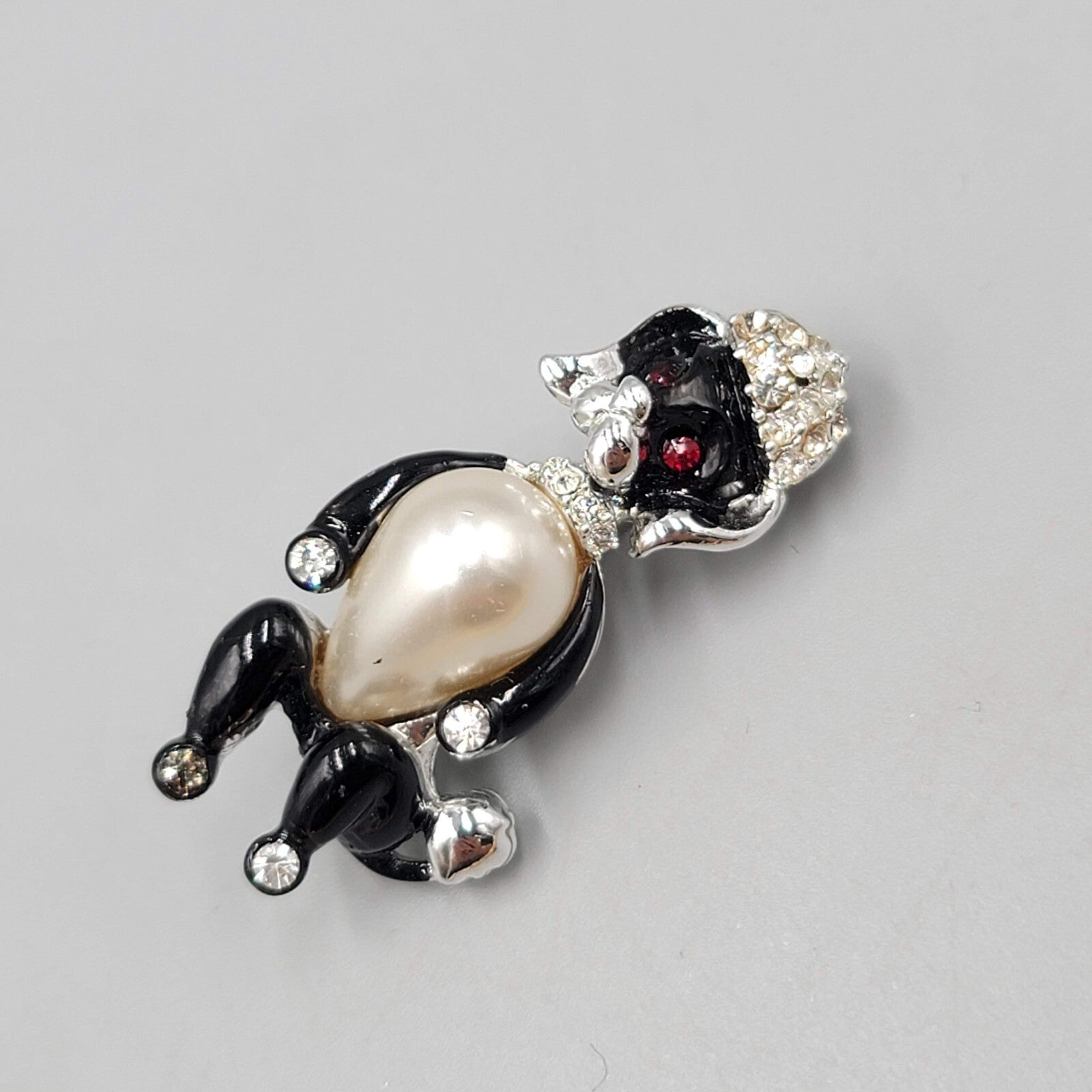 Vintage Poodle Dog Brooch Rhinestone Black White Silver tone 1.5"