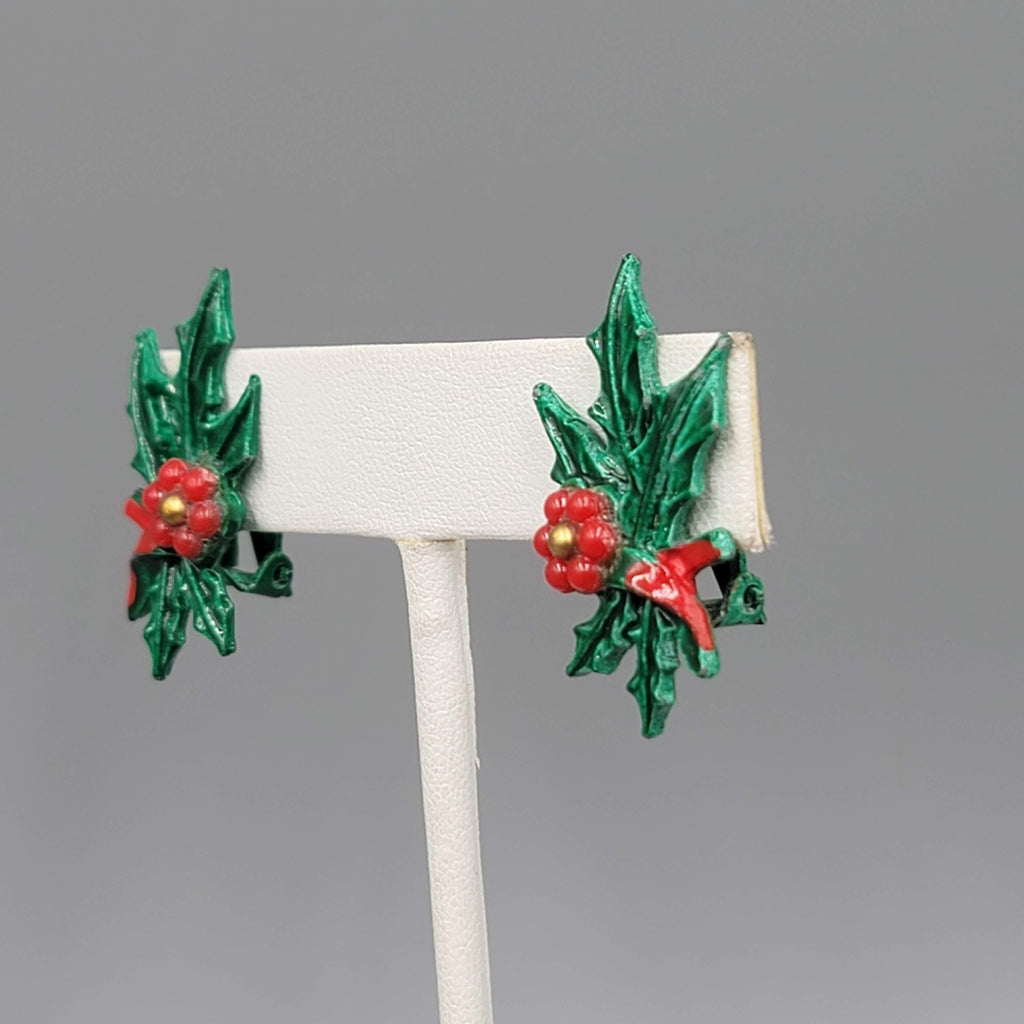 Vintage Enamel Holly Clip on Earrings Christmas Climber 1.25"