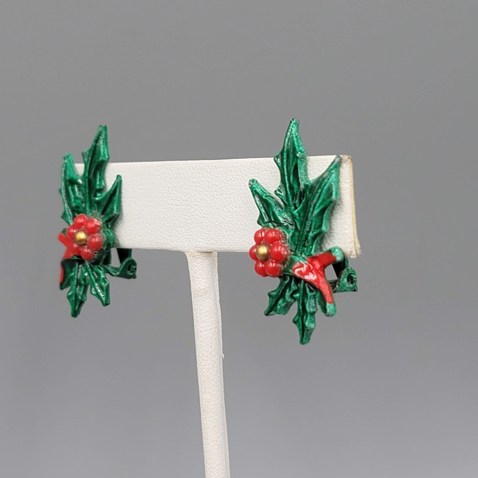 Vintage Enamel Holly Clip on Earrings Christmas Climber 1.25"