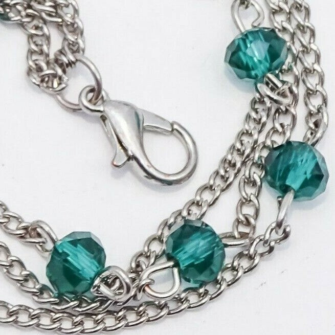 Vintage Silver tone Green Crystal Bead Chain Link Bracelet 7" - 8 .5"