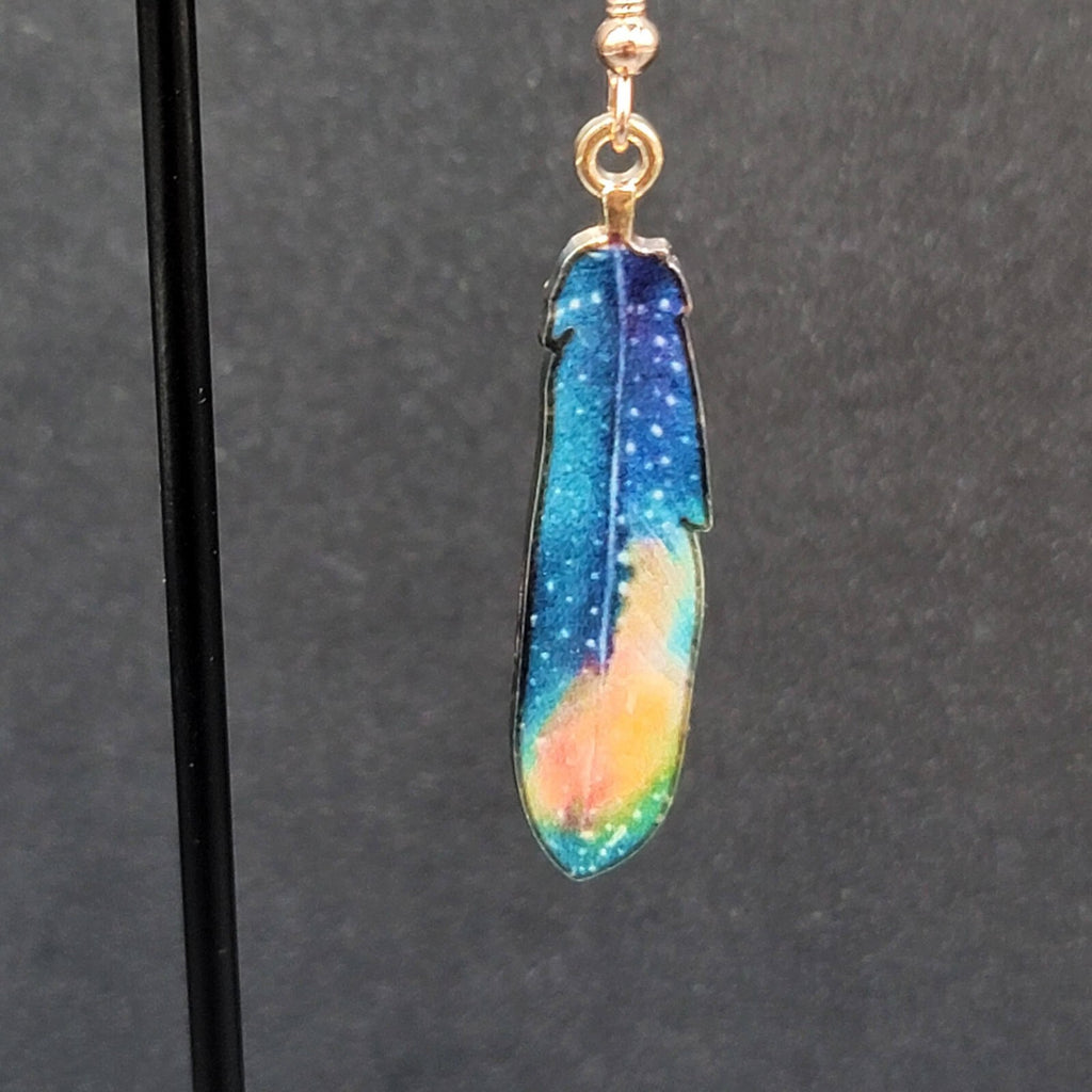 Metal Feather Pierced Earrings Cosmic Blue Galaxy Gold tone Dangle 1.5"