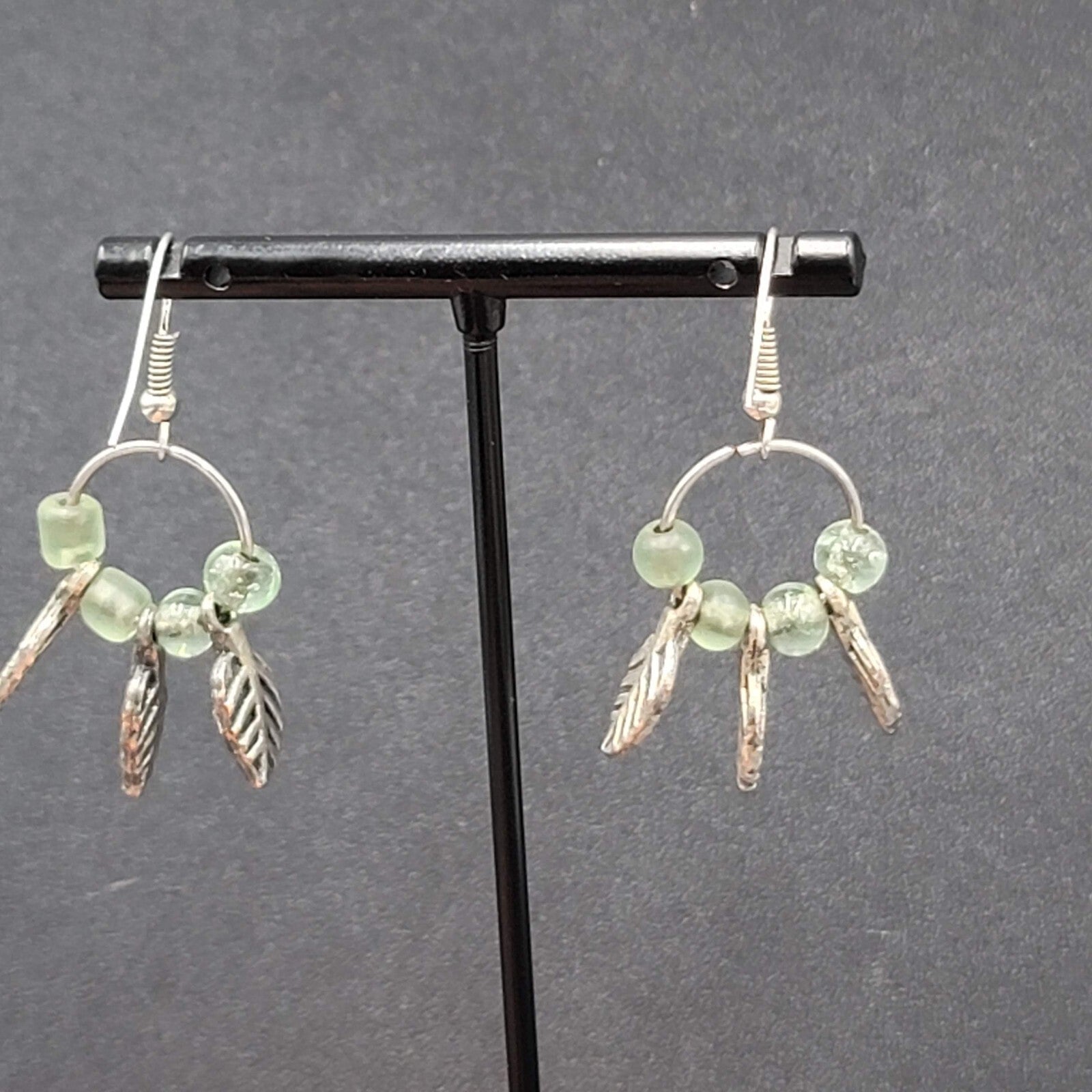 Pierced Earrings Silver tone Green Glass Bead Leaves Dangle  1.25"