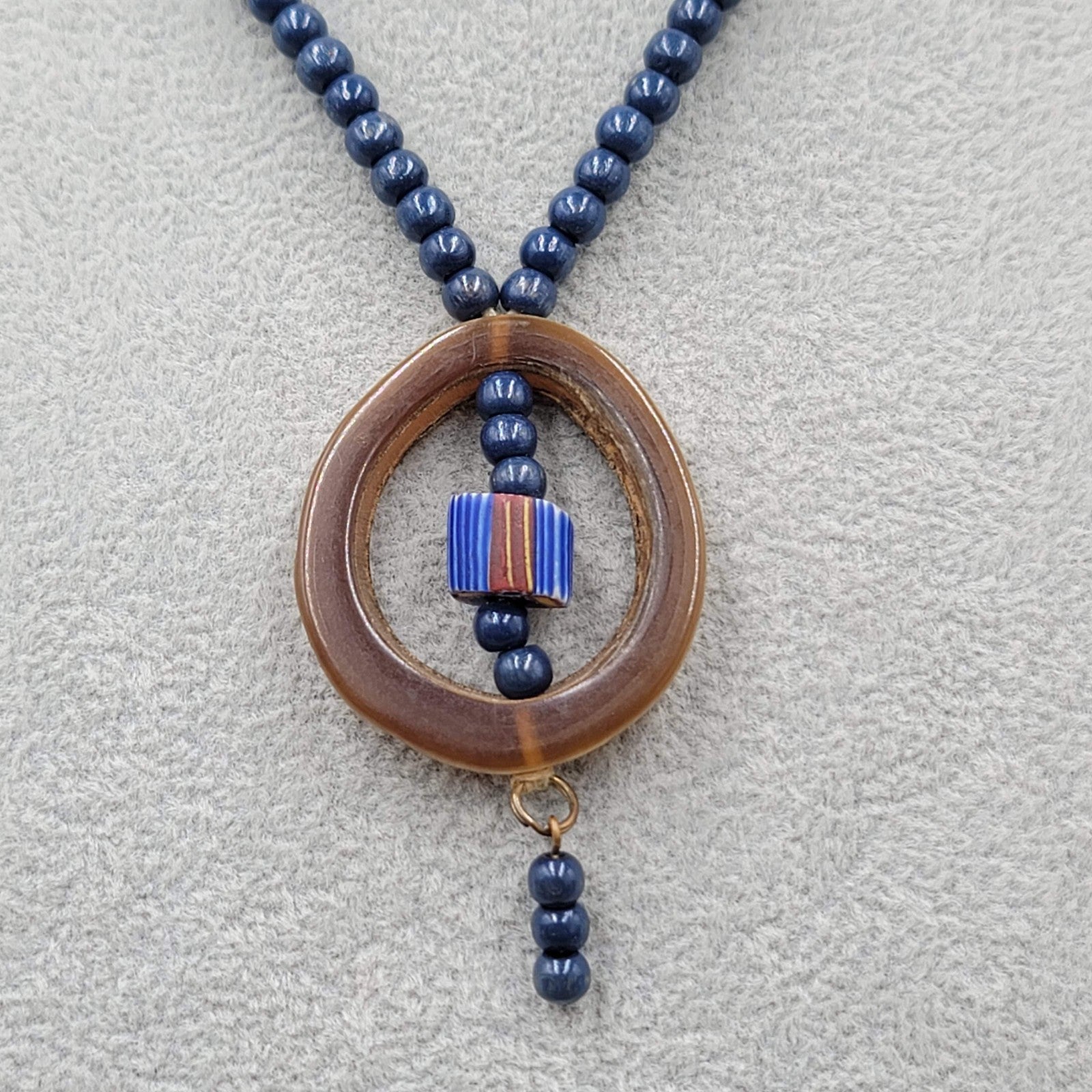 Vintage Artisan Necklace Blue Bead Cow Horn Ring 16 in