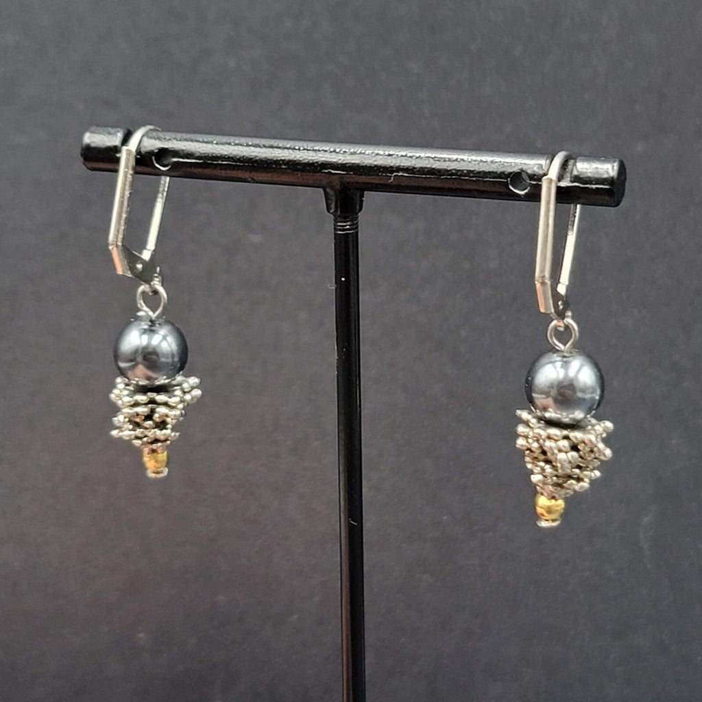 Pierced Earrings Silver tone Black Bead Dangle  7/8"