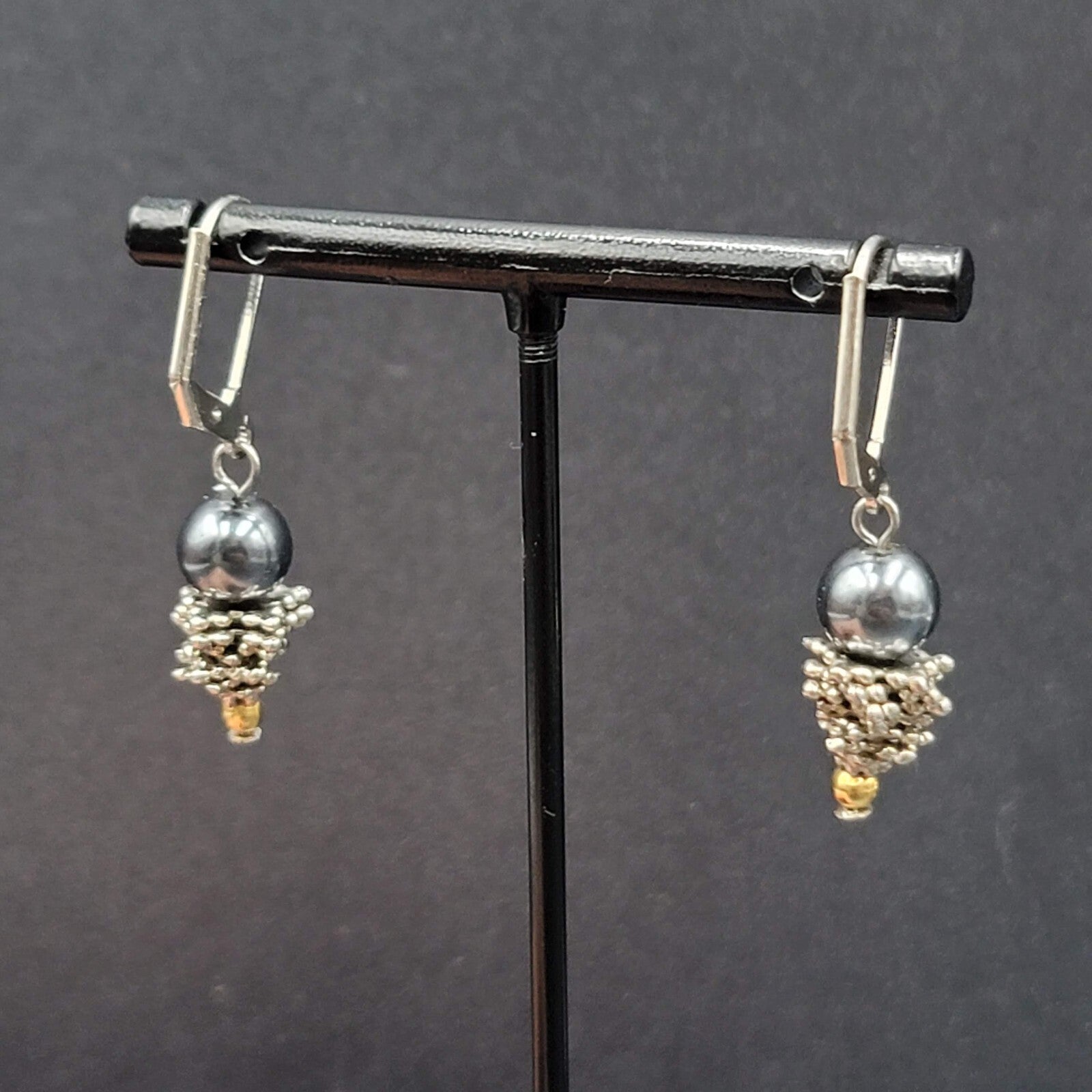 Pierced Earrings Silver tone Black Bead Dangle  7/8"