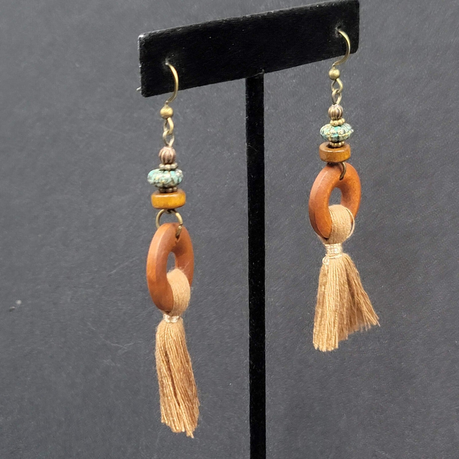 New Boho Pierced Earrings Bronze tone Wood Ring Tassel Dangle 2.25"