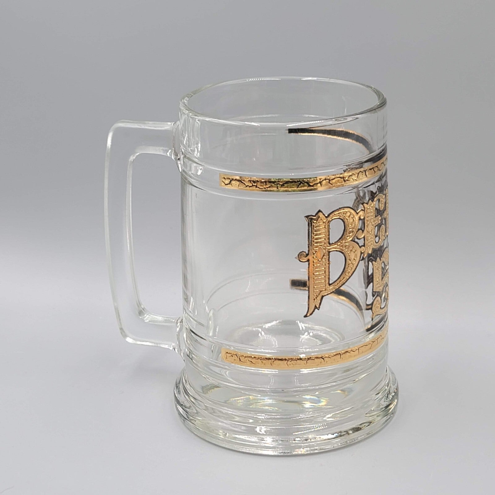 Vintage Glass Beer Mug Five Cent Gold Trim Tavern Barware