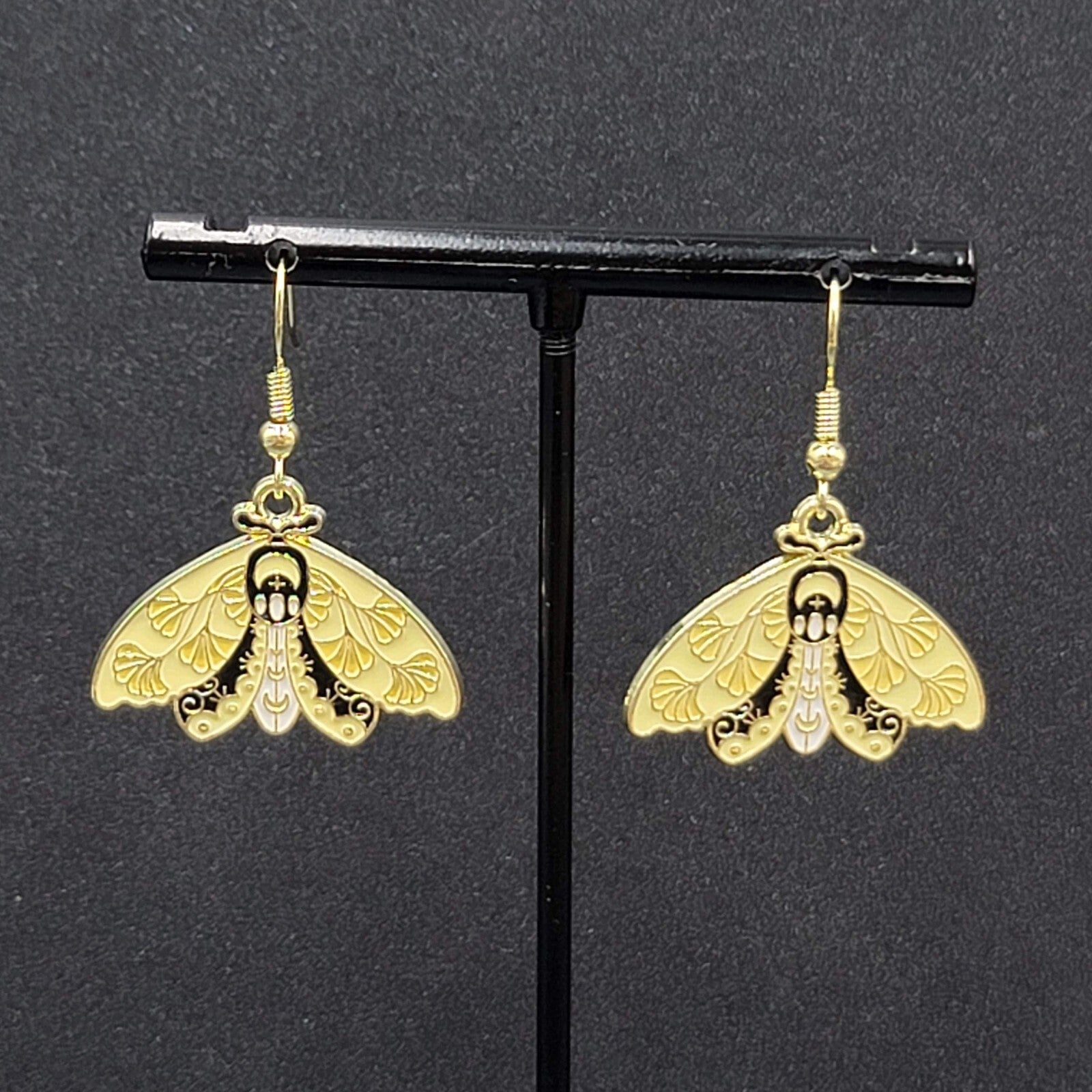 Moth Pierced Earrings Gold tone Yellow Black Enamel Dangle 3/4"