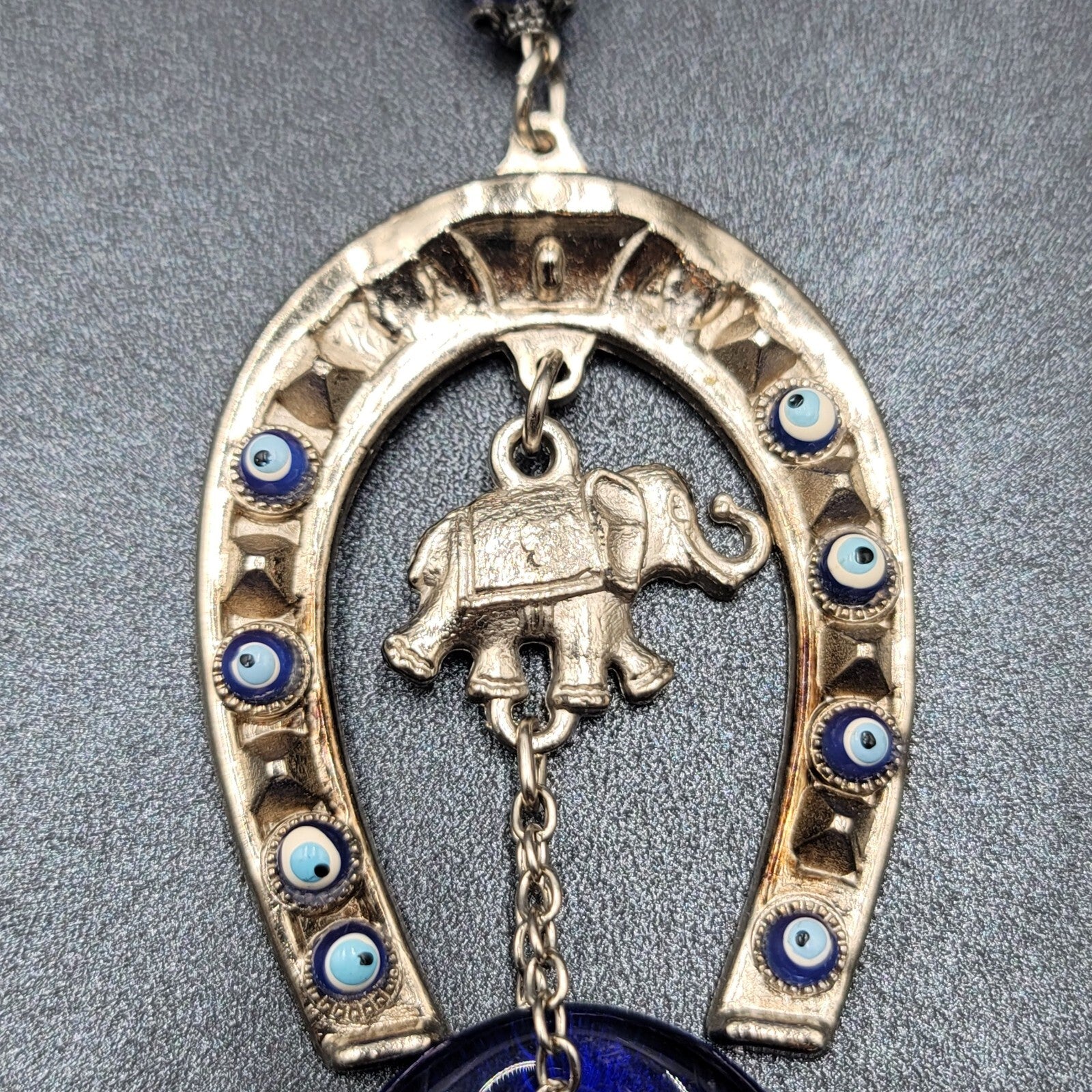 Horse Shoe Elephant Turkish Blue Evil Eye Amulet Car Charm Wall Hanging 7"