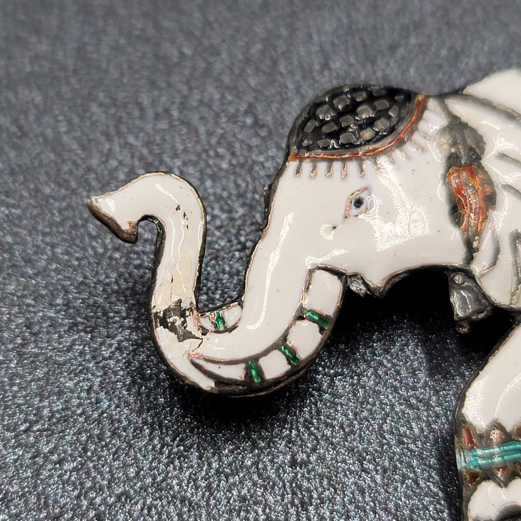 Vintage Sterling Silver Signed Elephant Brooch Enameled White Siam 2"