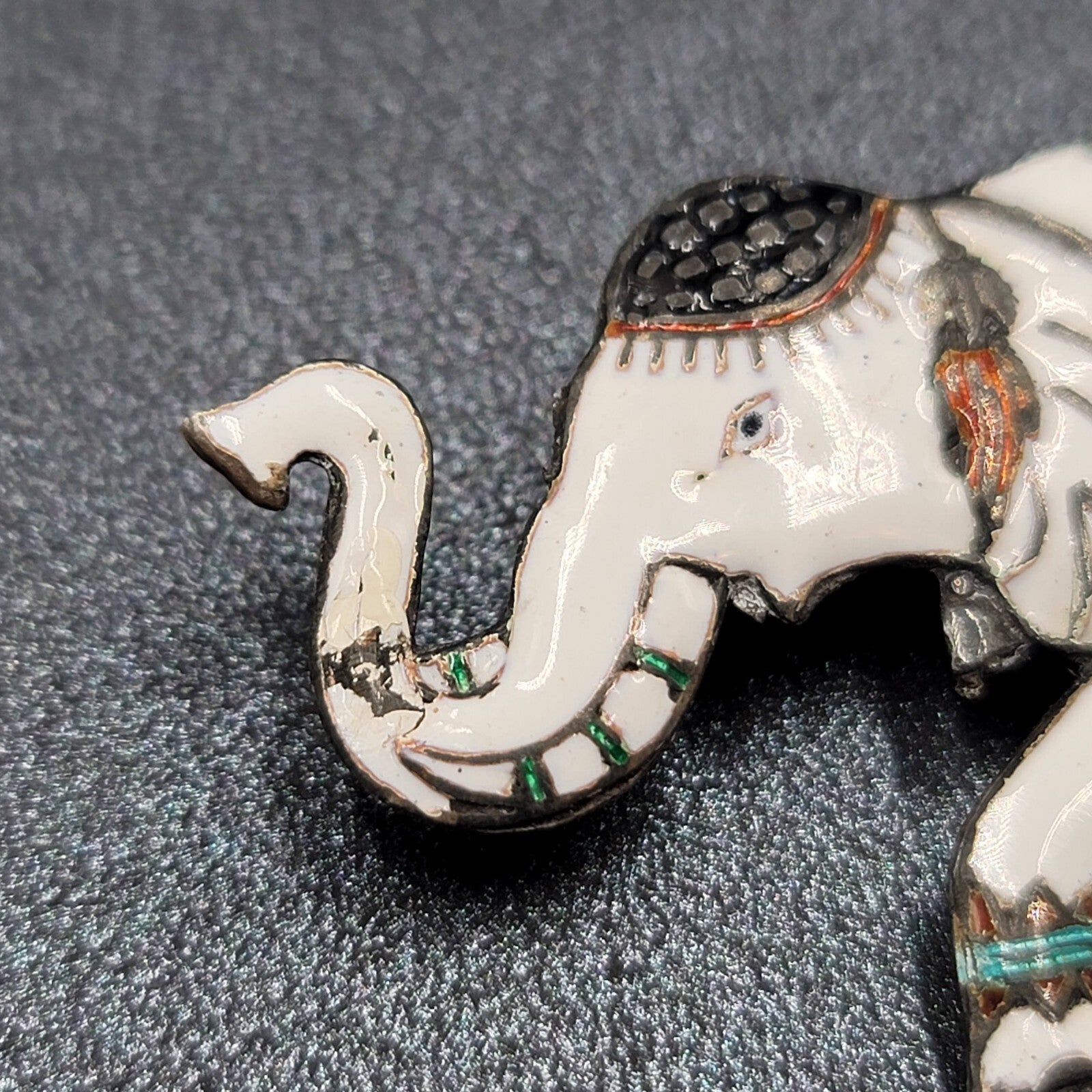 Vintage Sterling Silver Signed Elephant Brooch Enameled White Siam 2"