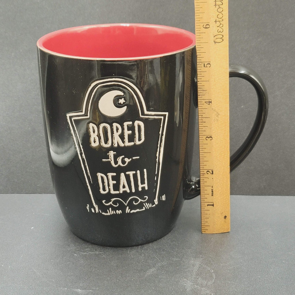 Bored to Death Coffee Mug Extra Black Embossed Dark Red Large 5.25"x4"