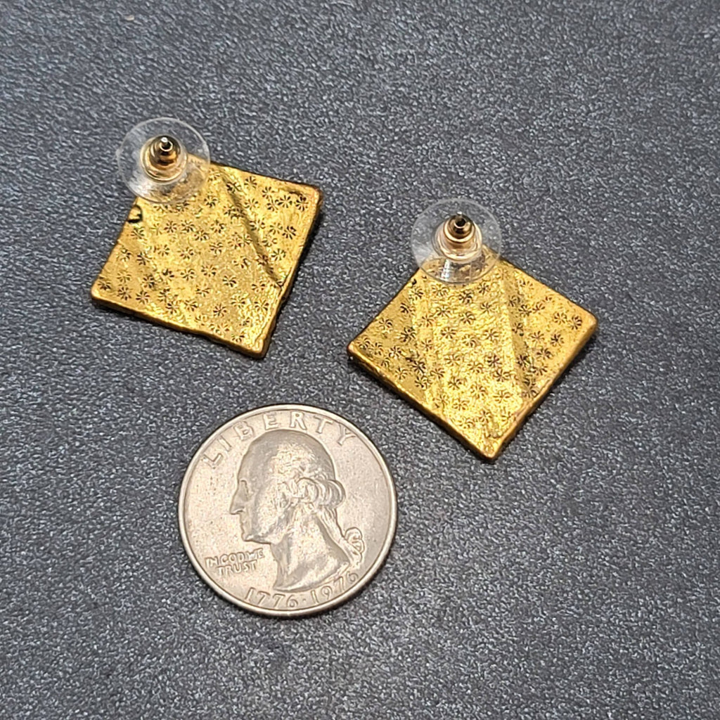 Pierced Earrings Antiqued Gold tone Brutalist Square Drop 1"