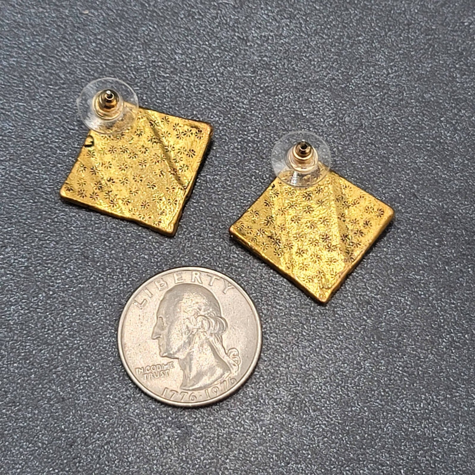 Pierced Earrings Antiqued Gold tone Brutalist Square Drop 1"