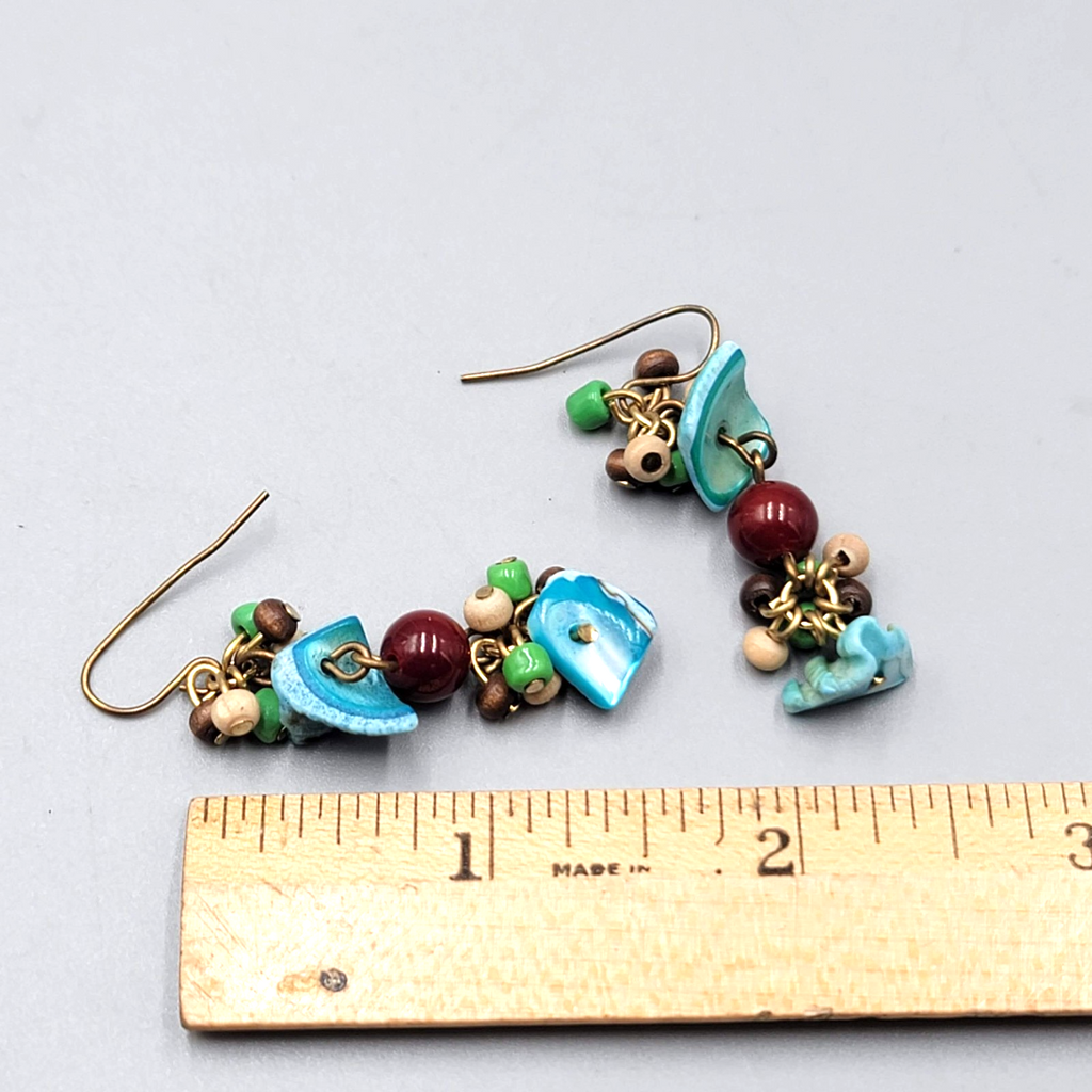 Real Shell Wood Glass Bead Pierced Earrings Silver tone Dangle 1.75"