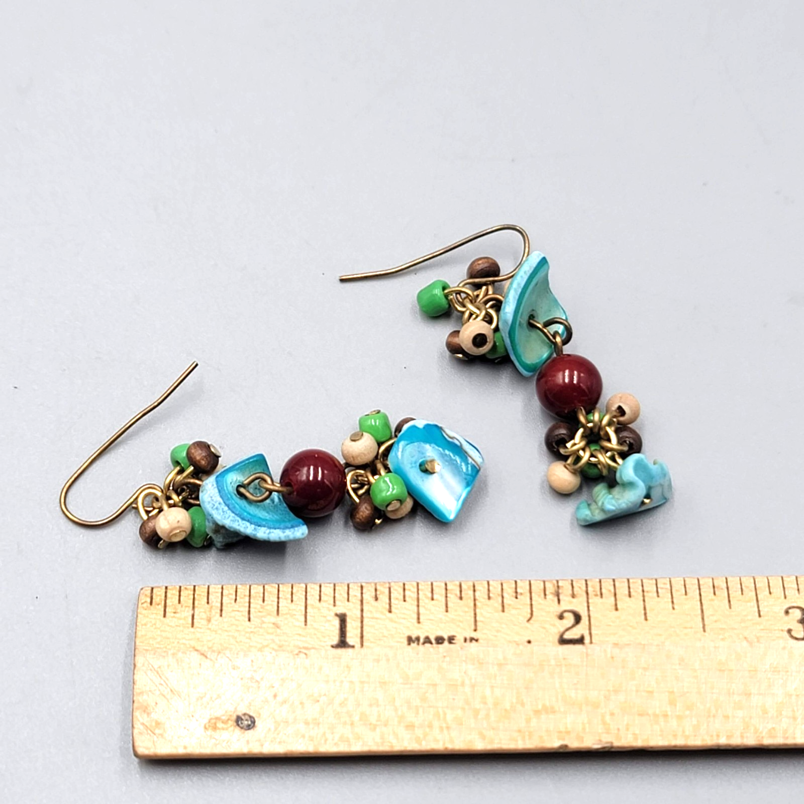 Real Shell Wood Glass Bead Pierced Earrings Silver tone Dangle 1.75"