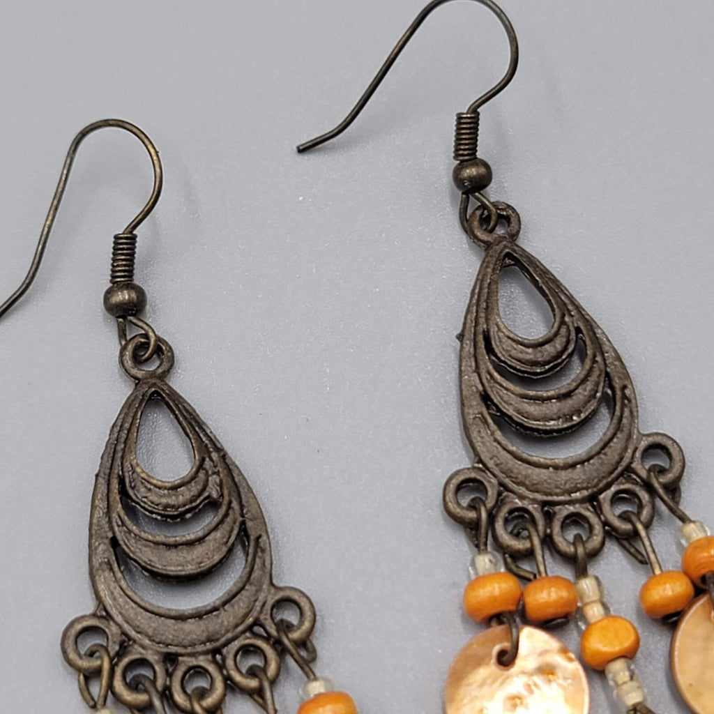 Bronze tone Chandelier Pierced Earrings Wood Bead Orange Shell Dangle 2"